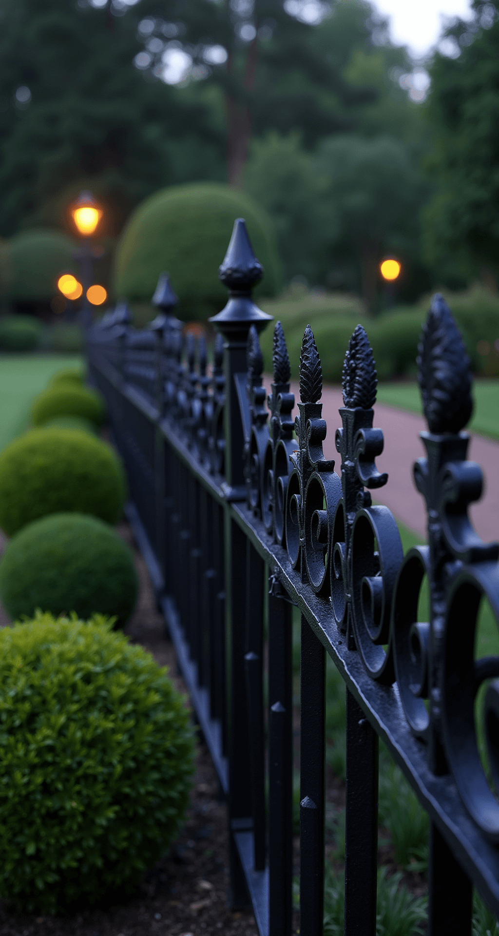 Dusk shot of an ornate wrought iron fence with intricate scroll work and fleur-de-lis finials, gently illuminated by garden lights, following a curved path lined with boxwood spheres; highlights emphasize the glossy black metal against a soft-focus green background, creating dramatic shadows.