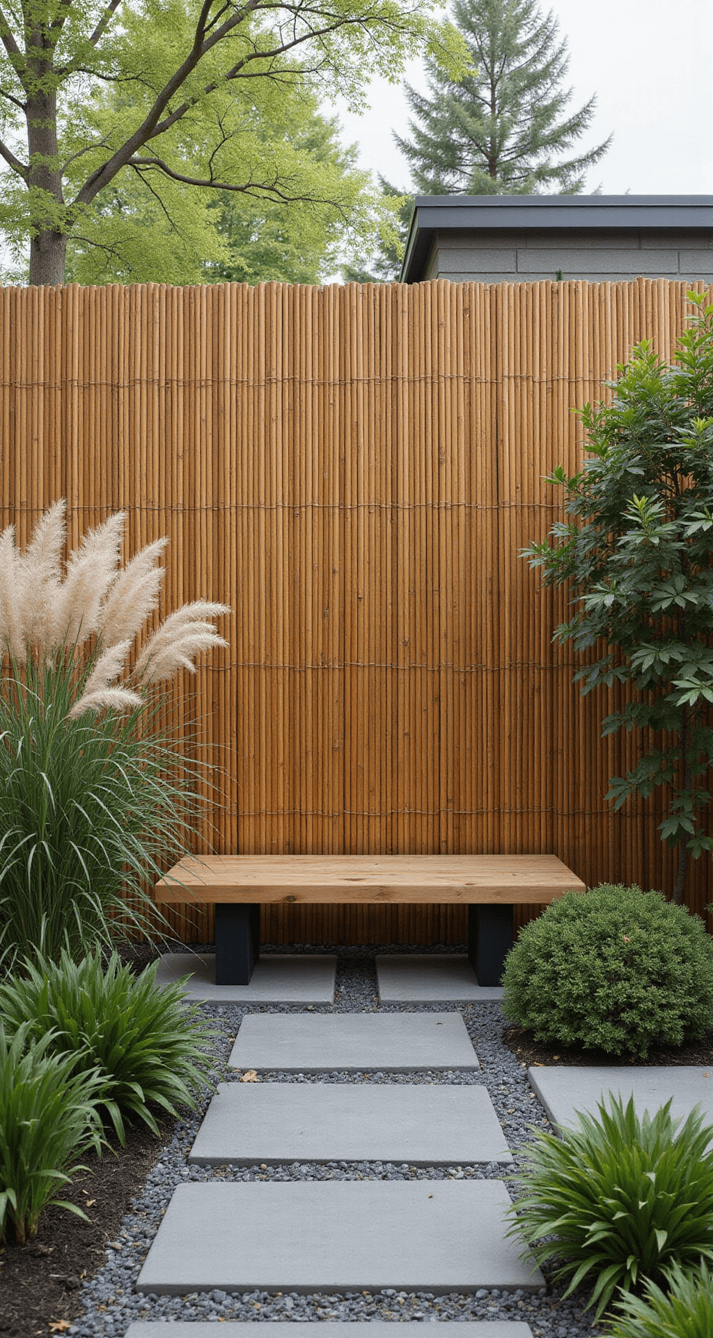 A sustainable bamboo fence creates a serene backdrop for a modern garden, with a stone path leading to a wooden meditation bench, framed by swaying ornamental grasses and softened by natural lighting.