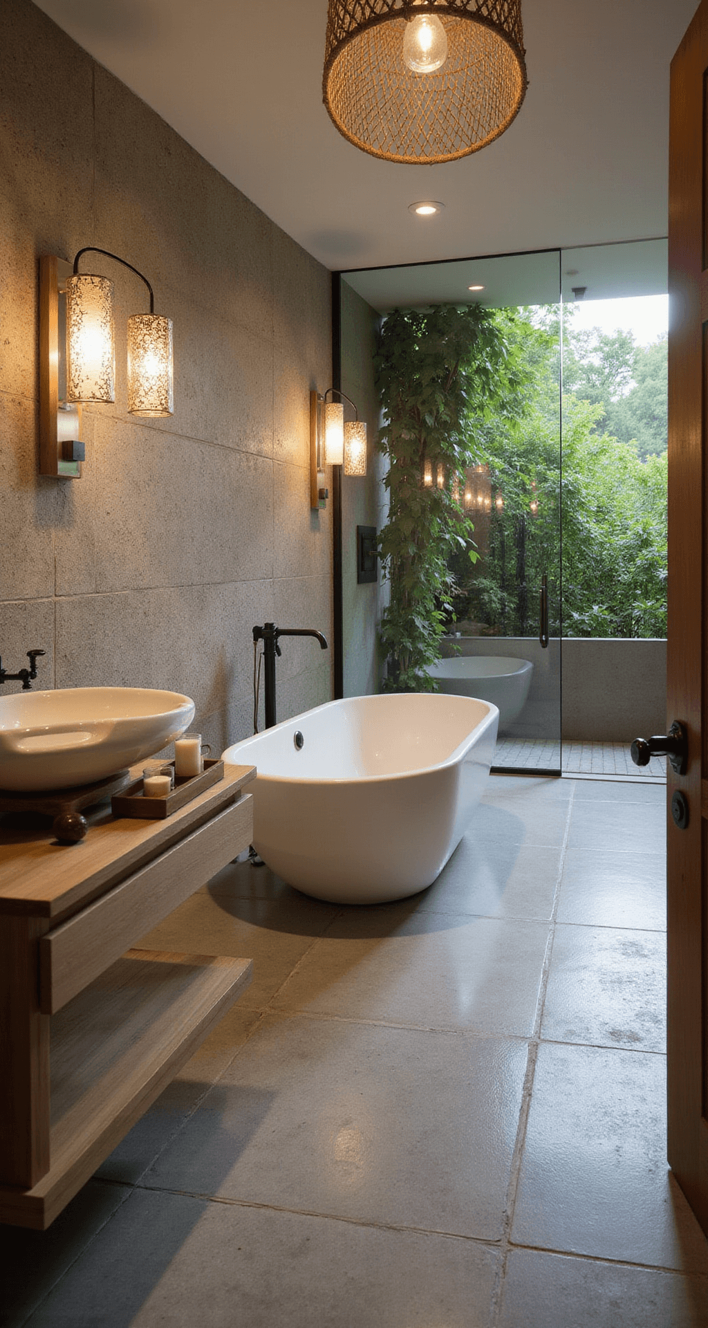 Zen-inspired bathroom retreat featuring a freestanding oval tub against a textured stone wall, teak bath caddy with candles and greenery, large-format warm gray floor tiles, a floating double vanity in bleached oak with vessel sinks, and a woven pendant light, all bathed in soft, diffused late afternoon glow.