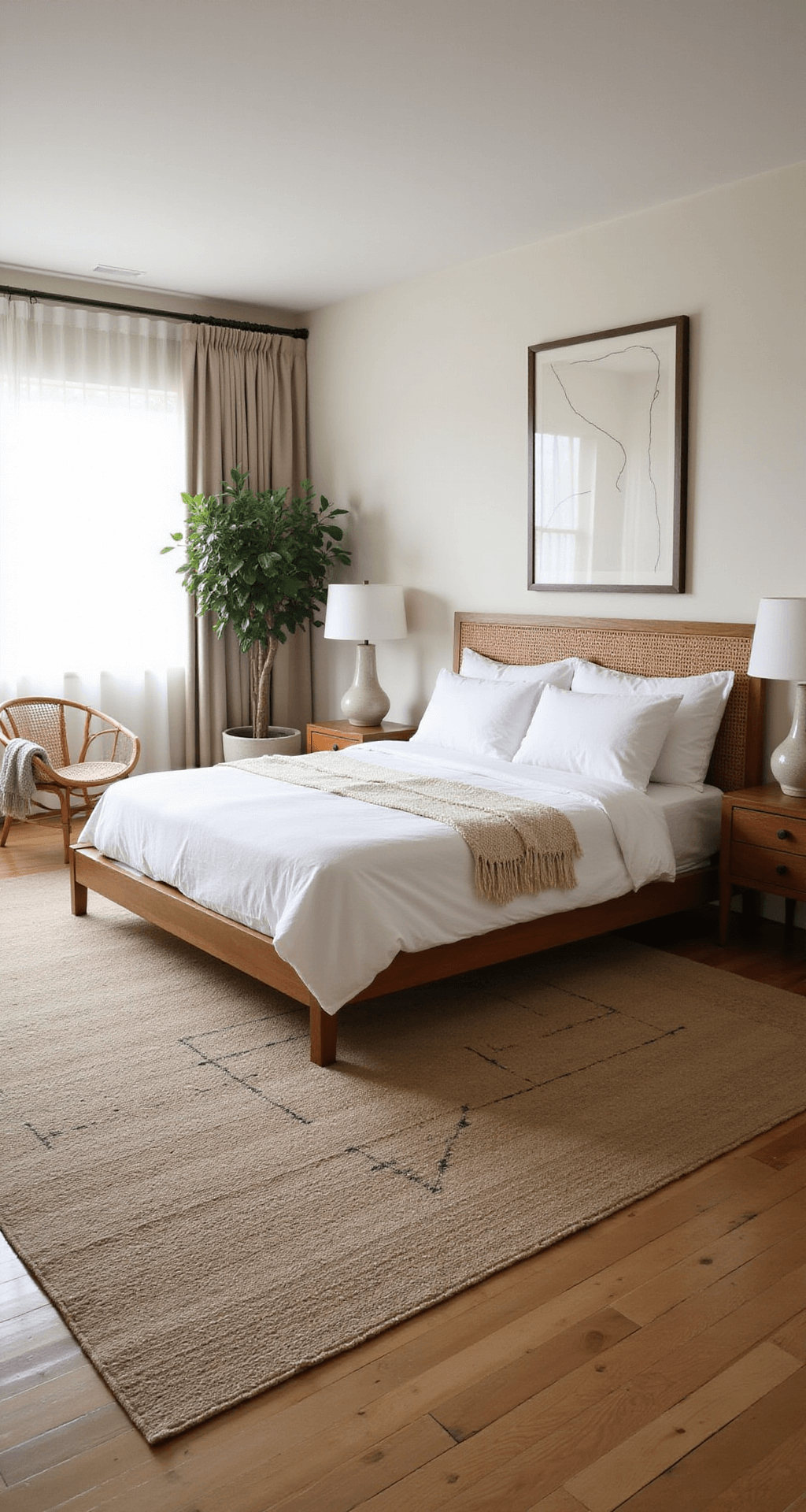 A serene bedroom featuring a low-profile oak platform bed with crisp white bedding, minimalist walnut nightstands, and sculptural ceramic lamps, all bathed in soft morning light. A large jute rug, rattan accent chair, greenery from potted plants, and abstract line art on warm ivory walls complete the tranquil space.