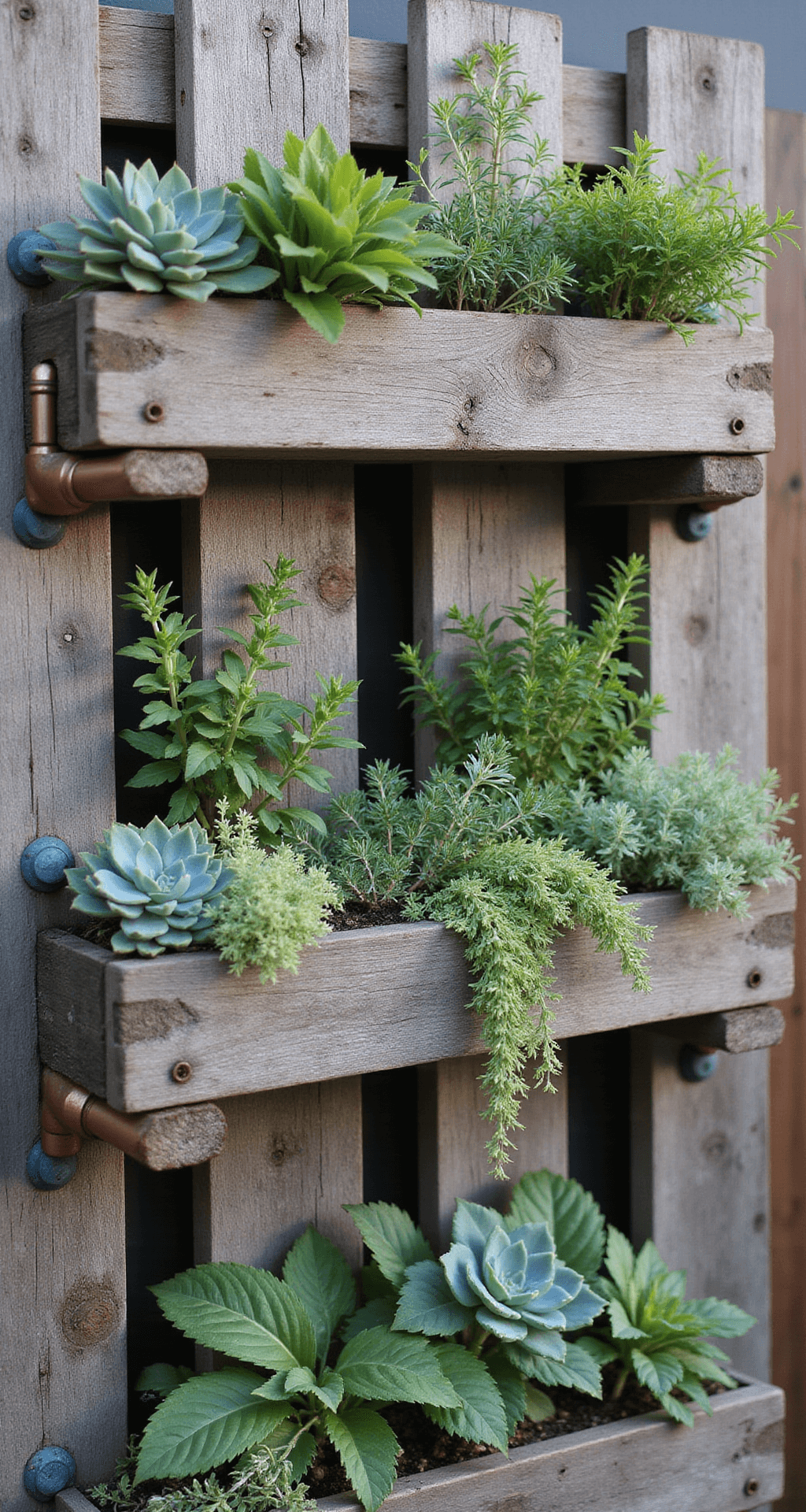 Close-up shot of a vertical garden wall made from upcycled wooden pallets, featuring built-in pockets filled with cascading herbs and succulents, with a visible copper pipe irrigation system, all highlighted by late morning light that enhances the textures of the aged wood.