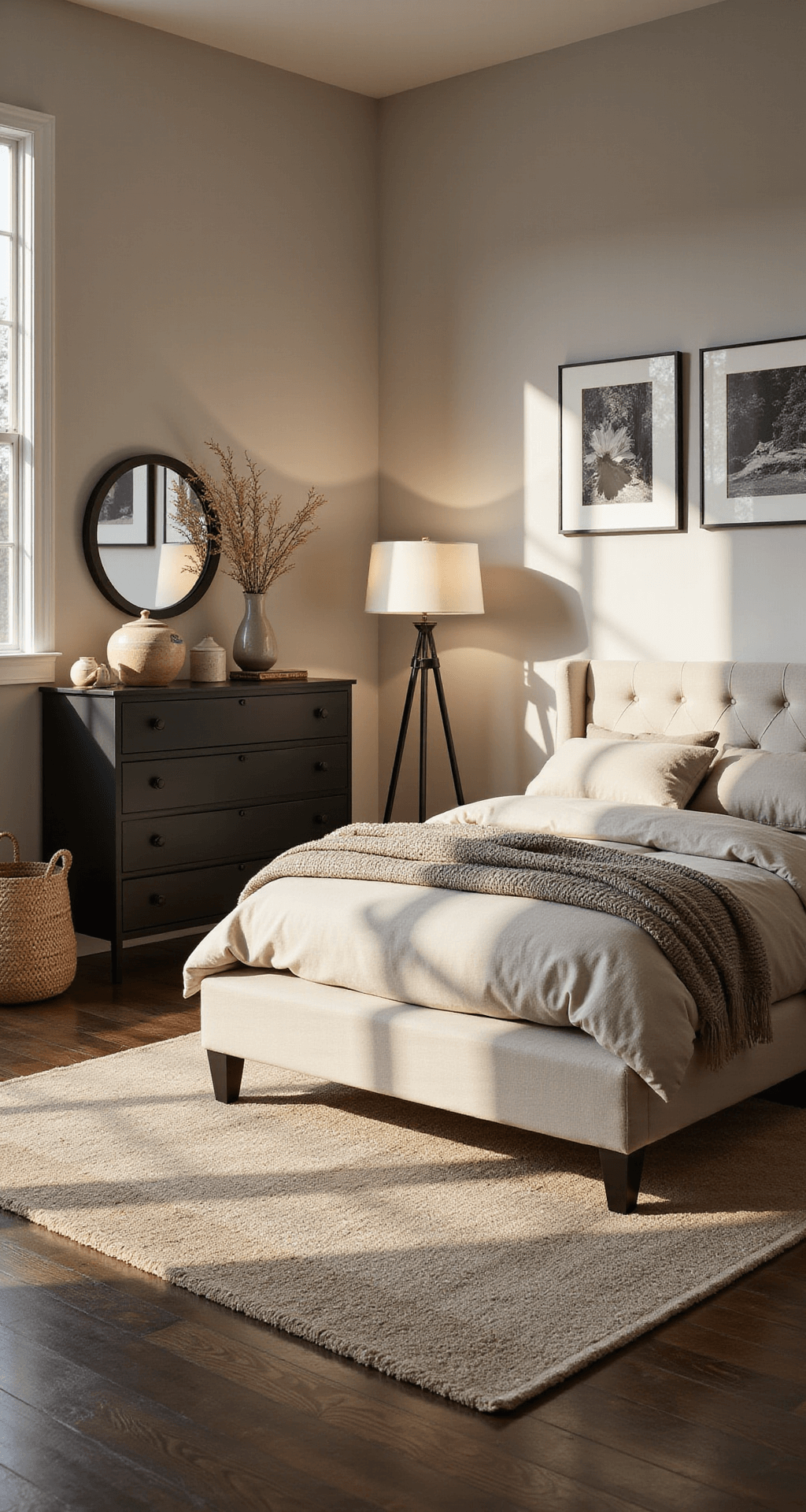 An intimate bedroom with a natural linen upholstered bed, stone-washed bedding, a handwoven wool rug, a sleek black metal dresser, and a gallery wall of black and white nature photography, all illuminated by warm golden hour sunlight.