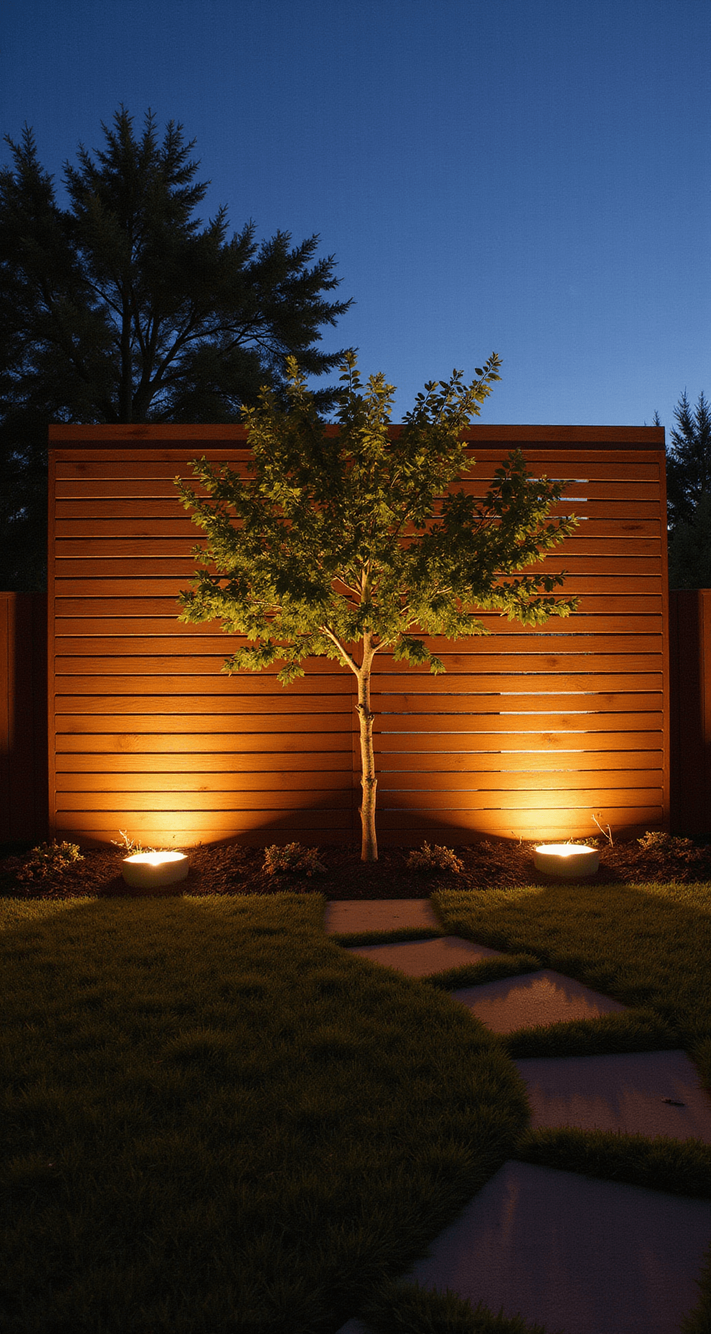 A modern horizontal cedar fence with integrated LED lighting between slats, capturing twilight hues with dramatic light bars. Japanese maple casts shadows, highlighted by a warm glow against a contemporary backdrop of cedar tones and deep blue hour shadows.