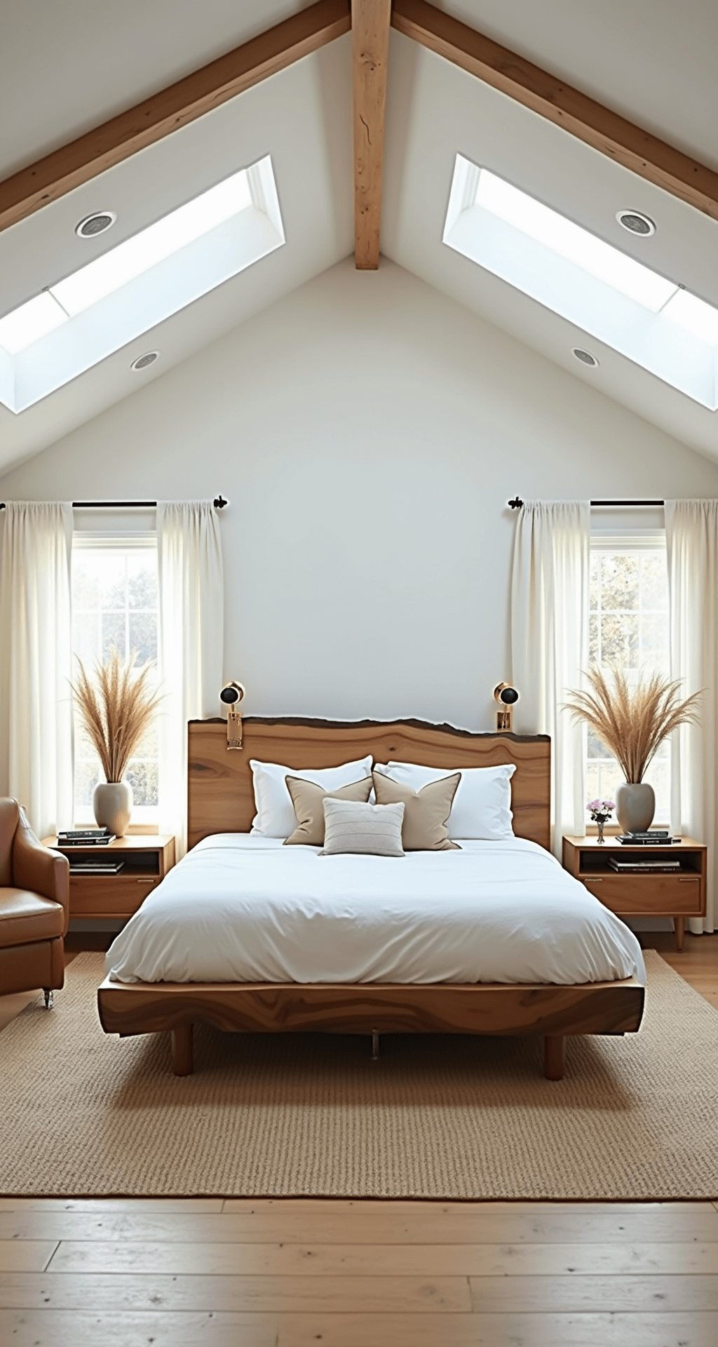 A bright and airy master bedroom featuring a reclaimed wood bed frame, cloud-like bedding, large windows, and a cozy reading nook, with natural elements and soft lighting.
