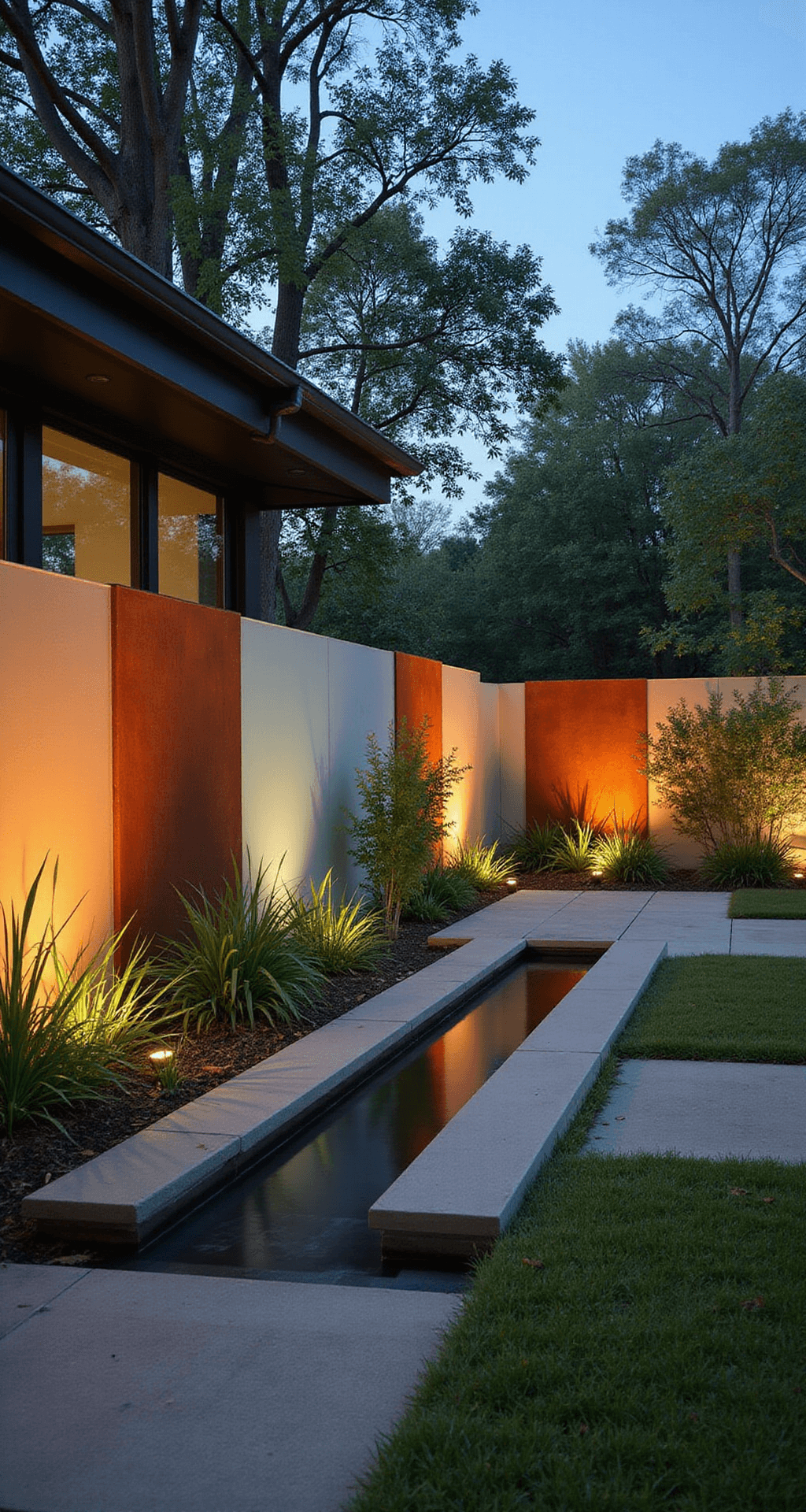 A lush early evening garden scene showcasing a modern mixed-material fence made of cor-ten steel and frosted glass, accented by built-in planters and a water feature. Architectural grasses and bamboo provide natural screening, with warm indirect light highlighting the contrasting materials in a rich palette of rusted oranges, frosted whites, and deep greens.