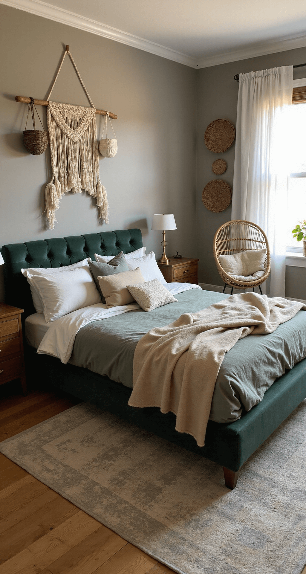 A cozy 11x13 foot bedroom with a low-profile moss green velvet bed, layered cream and sage bedding, a vintage overdyed rug on light oak floors, mid-century walnut nightstands with brass lamps, a rattan hanging chair with a faux fur throw, and textured macramé wall hangings, all bathed in warm twilight hues.