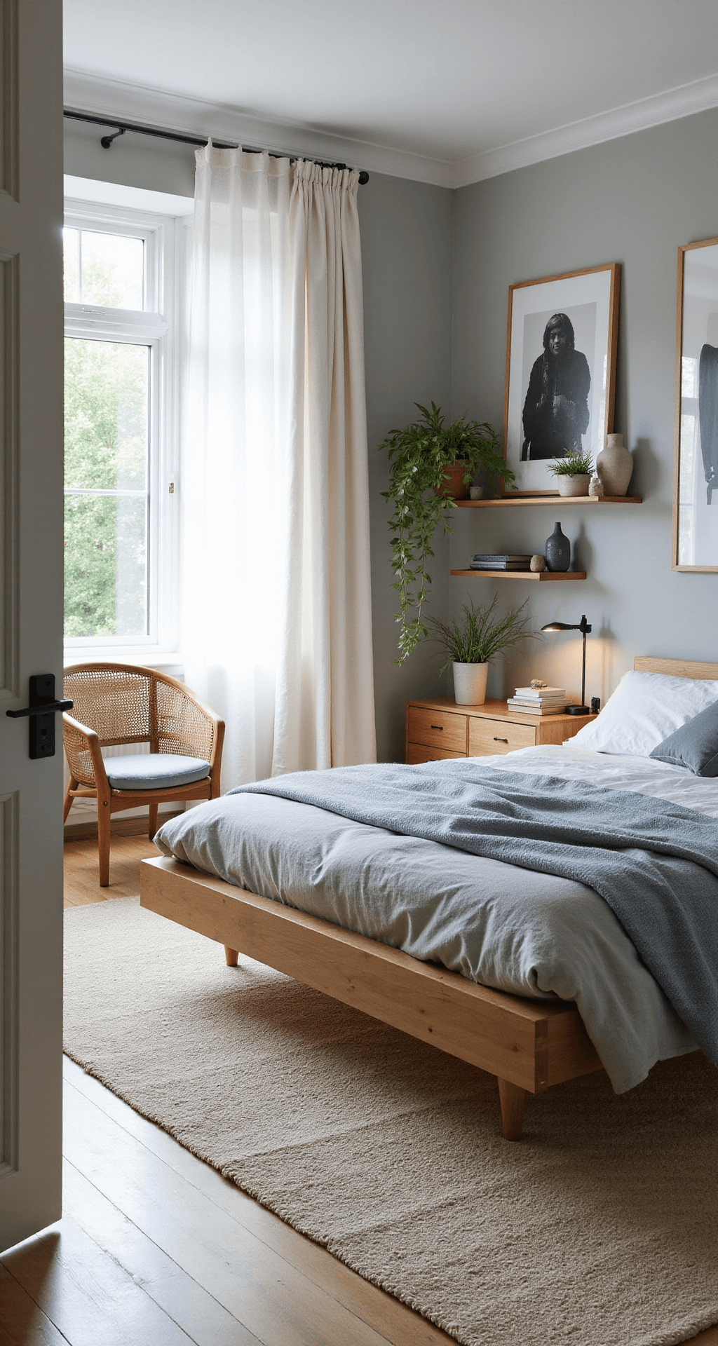A serene 12x15 foot bedroom featuring a minimalist ash wood bed with stonewashed linen bedding, a cream and pale blue rug, floating oak shelves with plants, and a reading corner with a cane armchair and floor lamp, all bathed in soft, diffused afternoon light.