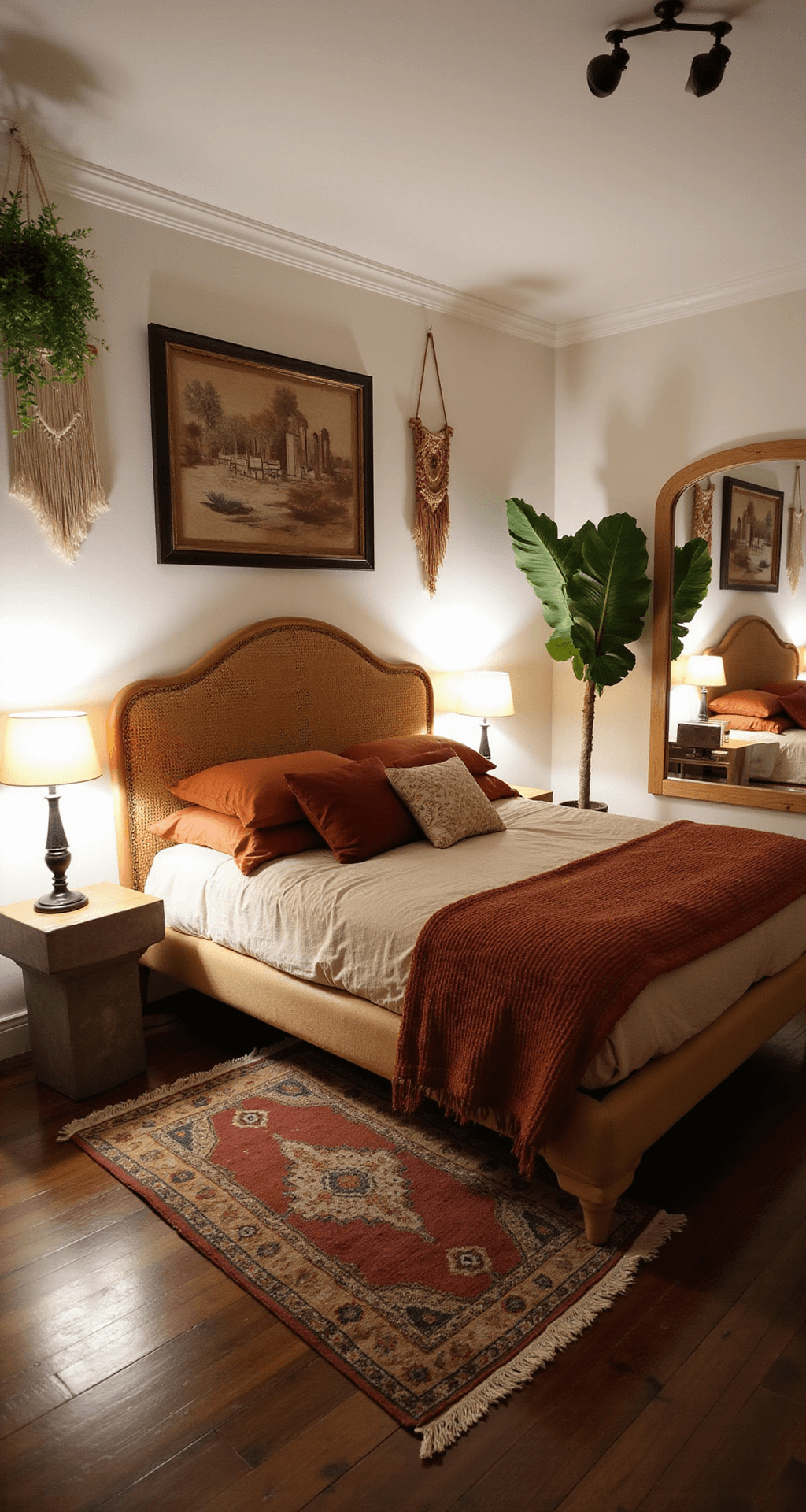 An eclectic bedroom showcasing a platform bed with a woven rattan headboard, layered terracotta and cream bedding, a vintage Moroccan rug, mismatched nightstands, a large arched mirror, hanging plants, and warm white walls adorned with abstract art and woven hangings, all illuminated by warm bedside lighting.