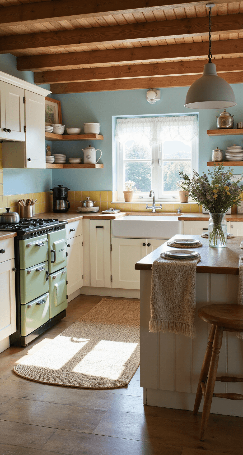 A sunlit cottage kitchen features exposed wooden beams, creamy white cabinets, pale blue walls, and a vintage sage green Aga cooker, with wildflowers on a chunky island and mismatched crockery displayed on open shelves.