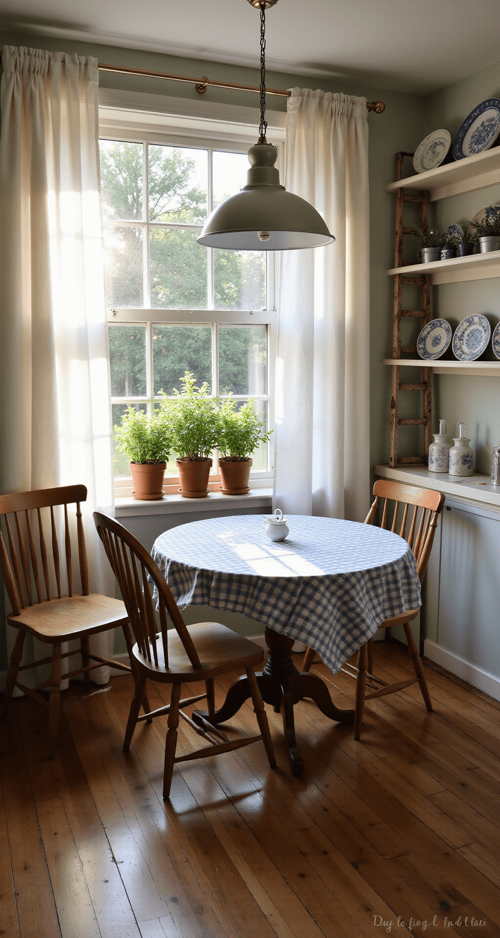 Cozy cottage kitchen nook with warm golden hour light, round table with gingham cloth, mismatched chairs, open shelving with blue and white plates, vintage ladder pot rack, and potted herbs on windowsill.