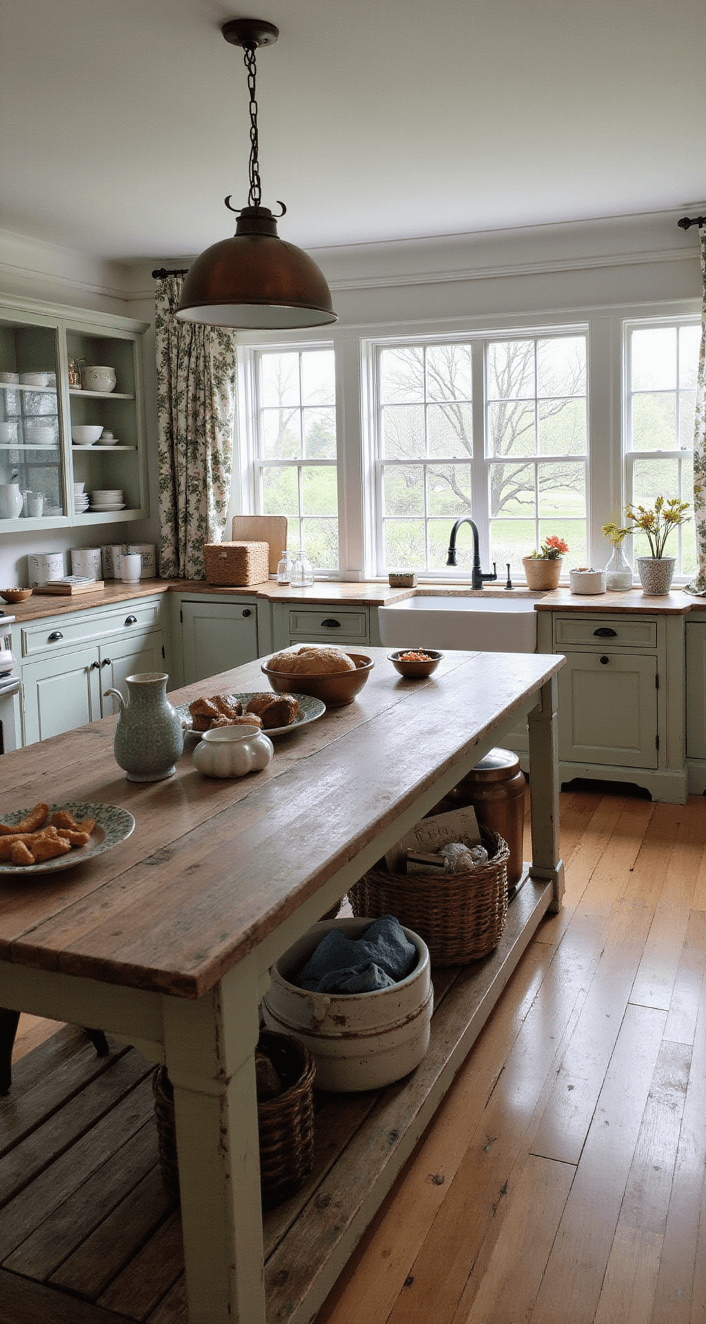 A cozy cottage kitchen with a weathered farmhouse table covered in baking ingredients, sage green cabinets, and vintage decor, illuminated by diffused gray light on a rainy afternoon.
