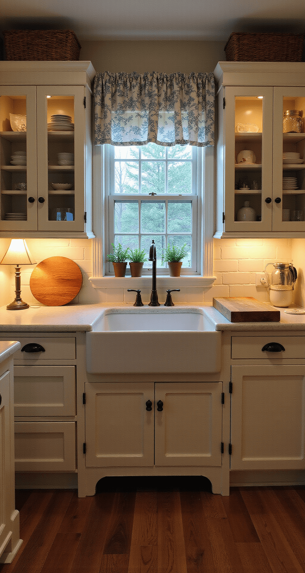 A cozy cottage kitchen at twilight, featuring cream-colored cabinets with glass fronts, a farmhouse sink under a toile-draped window, warm ambient lighting, and rustic decor including wooden cutting boards and a small herb garden in mason jars.
