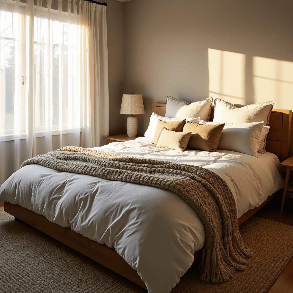 A serene bedroom featuring a layered bed with a cloud-white duvet and an oatmeal chunky knit throw, illuminated by warm golden hour sunlight filtering through sheer curtains. The weathered oak platform bed is set against walls painted in Benjamin Moore 'Pale Oak', with sisal carpeting visible. Beside the bed, handmade ceramic lamps with natural shades add to the warm, textile-rich ambiance.