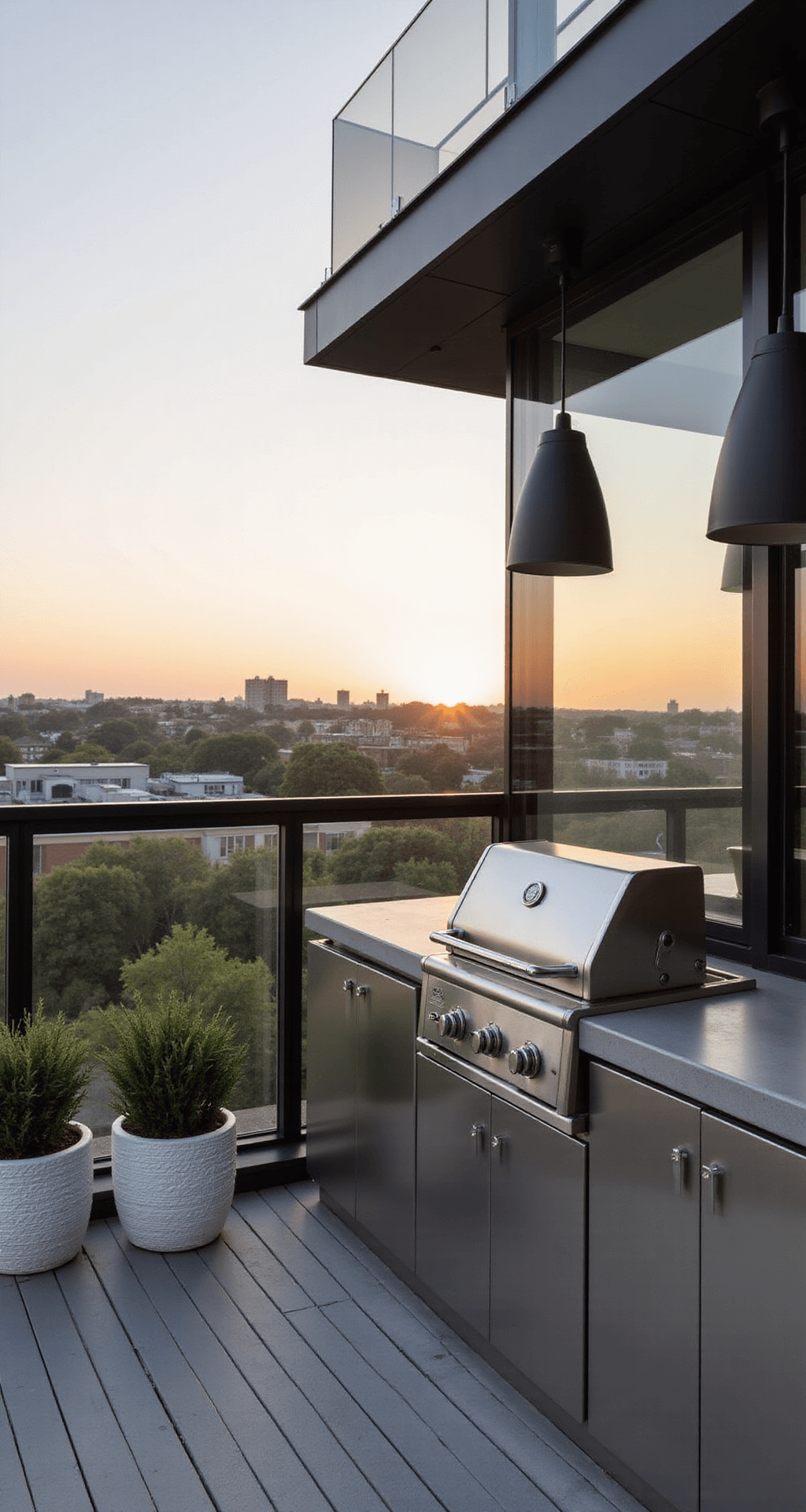 Modern minimalist balcony kitchen featuring stainless steel modular units, a 24-inch built-in grill, concrete countertops, matte black pendant lights, and grey composite decking, with white planters, captured at golden hour creating dramatic shadows.