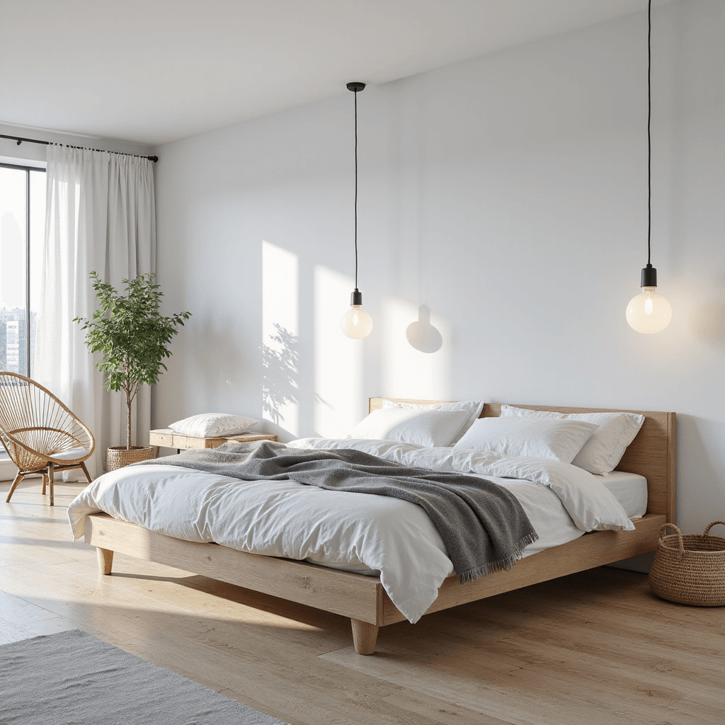 A modern Scandinavian bedroom featuring bleached pine floors and stark white walls, with a light oak king-size bed dressed in white linens and a grey throw, minimalist curtains, and natural materials like a rattan chair and woven baskets, all illuminated by soft morning light.