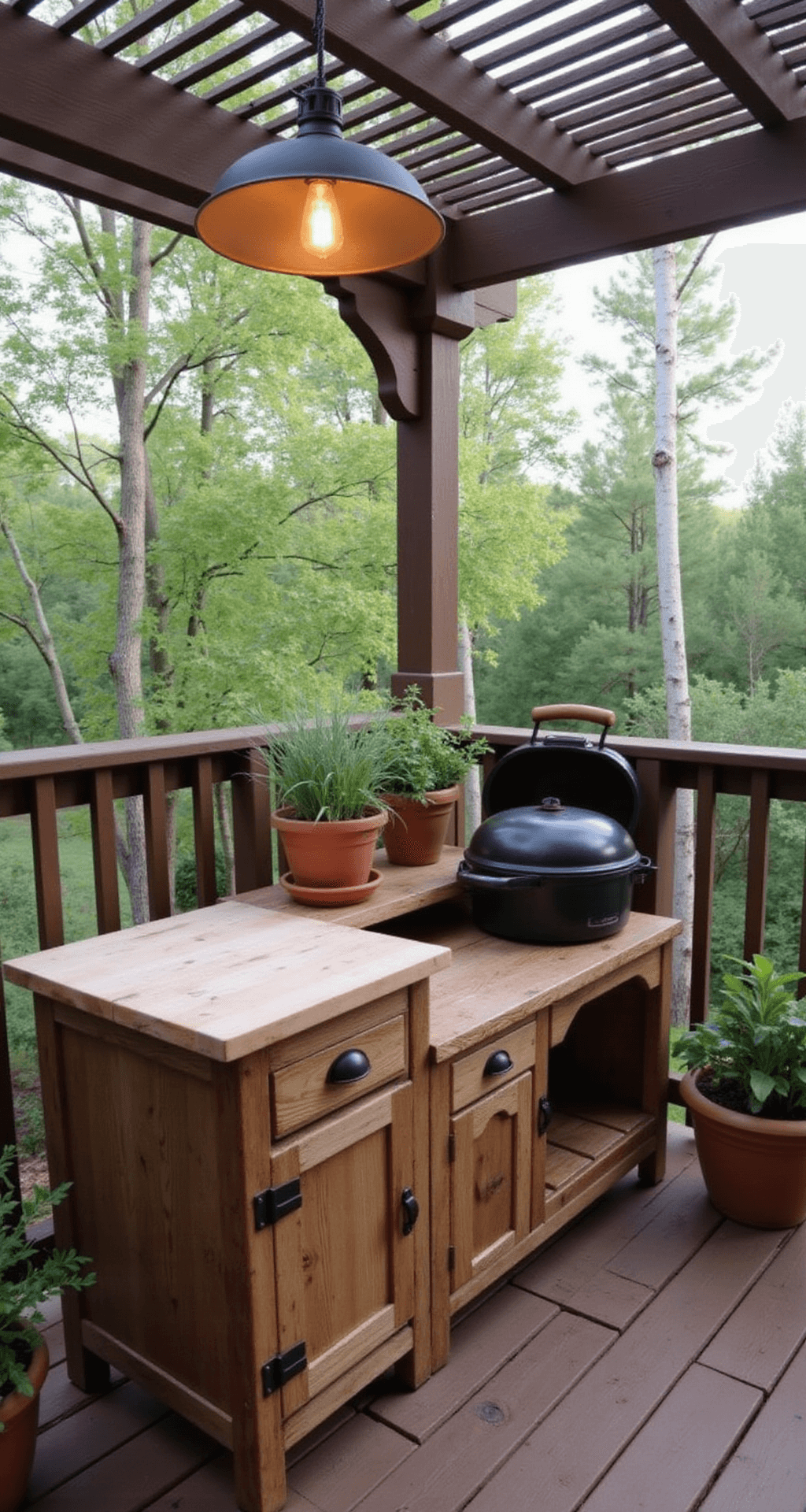 Intimate rustic farmhouse deck kitchen featuring reclaimed barn wood cabinetry, copper hardware, and a weathered butcher block prep station, illuminated by a vintage-style pendant light. A cast iron grill is situated between terracotta pots of herbs, with galvanized metal accents and dappled natural light filtering through pergola slats, creating a cozy atmosphere.