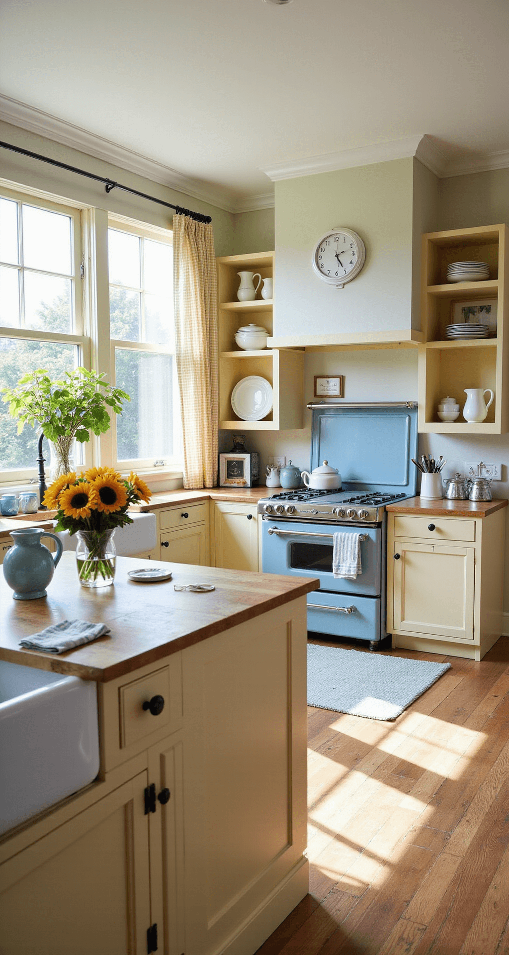 A bright and airy cottage kitchen with painted and natural wood cabinets, featuring a powder blue antique stove, open shelving with white pitchers and bowls, a butcher block island with sunflowers, gingham curtains, and a color palette of buttery yellows, soft whites, and cornflower blue, captured in a high angle shot.