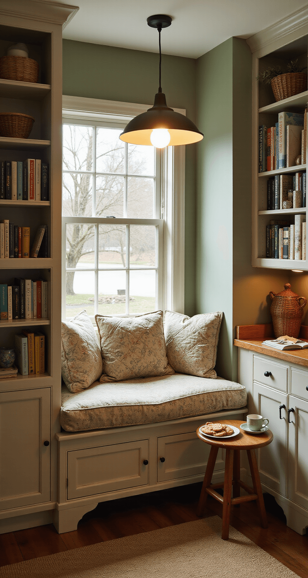 A cozy cottage kitchen corner on an autumn evening, featuring a cushioned window seat with floral pillows, a small round table with a steaming mug and cookies, and softly blurred bookshelves filled with cookbooks in the background. Warm pendant light illuminates the inviting nook against sage green walls and creamy white trim, with woven baskets and a jute rug adding texture.
