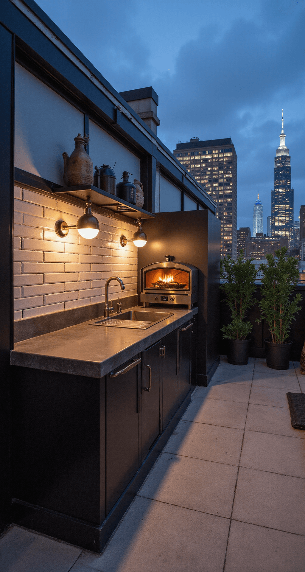 Industrial chic rooftop kitchen featuring blackened steel modular units, polished concrete countertops, and exposed conduit lighting, with a compact pizza oven set against a city backdrop at dusk.