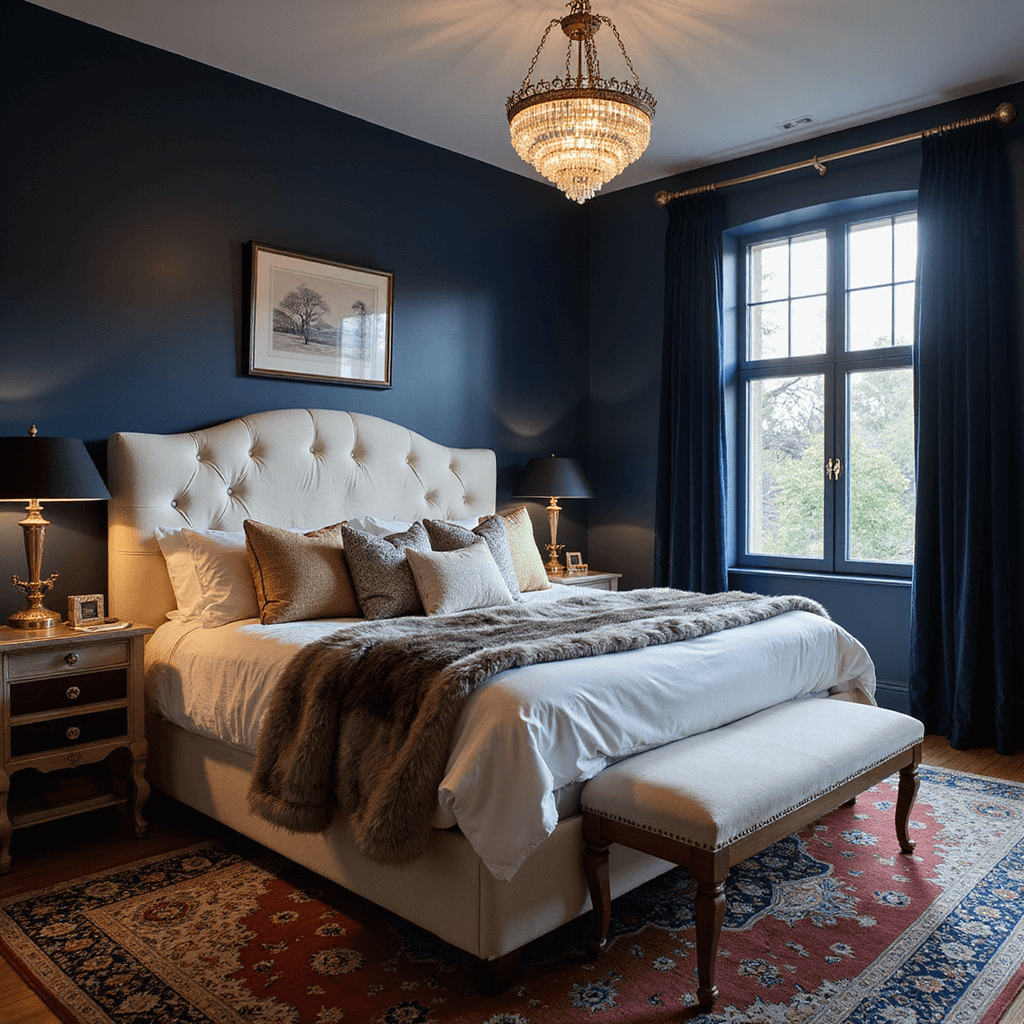 Cozy master bedroom with deep navy walls, featuring a California king bed with a cream velvet headboard and layered bedding, illuminated by vintage brass lamps and a crystal chandelier, all set against an antique Persian rug and velvet drapes framing large windows, captured during twilight.