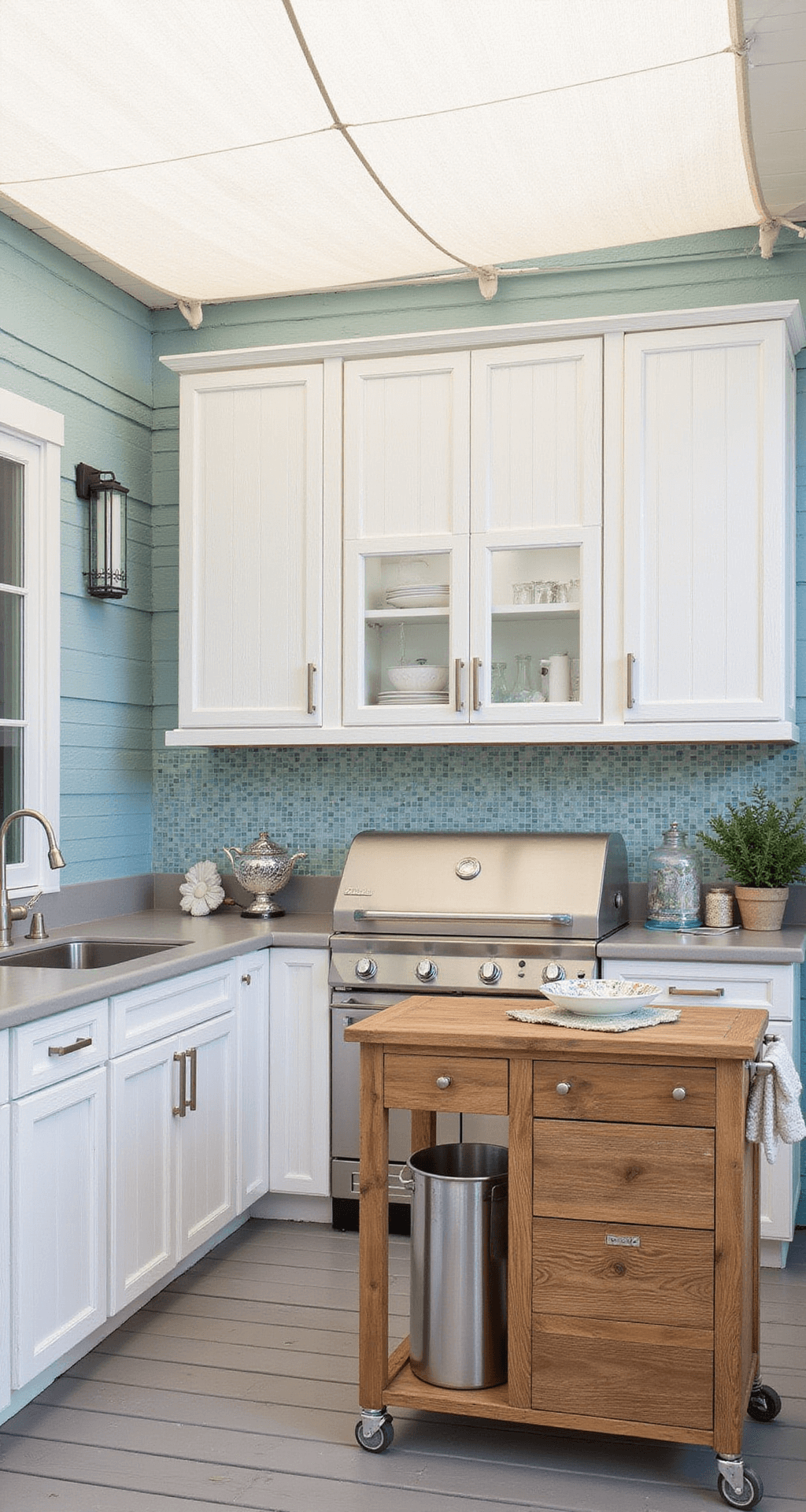 Bright coastal patio kitchen with white-washed cedar cabinets, pale blue mosaic tile, and a stainless grill; features weathered teak prep cart, decorative shells, and a white shade sail, all bathed in soft morning light.