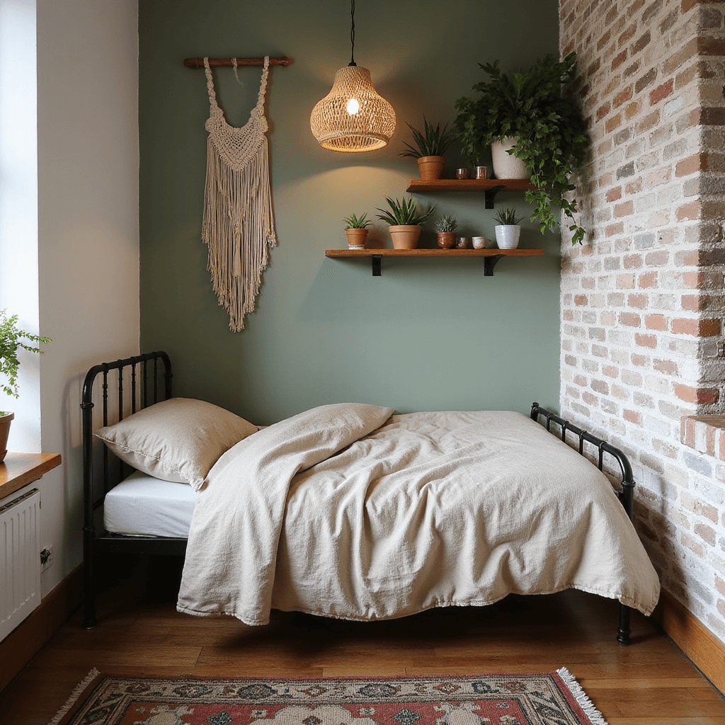 Intimate bedroom nook featuring a twin bed with a vintage iron frame, rumpled natural flax linen bedding, and a macramé wall hanging above, set against a white exposed brick wall and sage green accent wall. The space includes floating shelves with pottery and air plants, a rattan pendant light casting shadows, and a vintage kilim rug in muted earth tones, all illuminated by afternoon light and warm LED uplighting.
