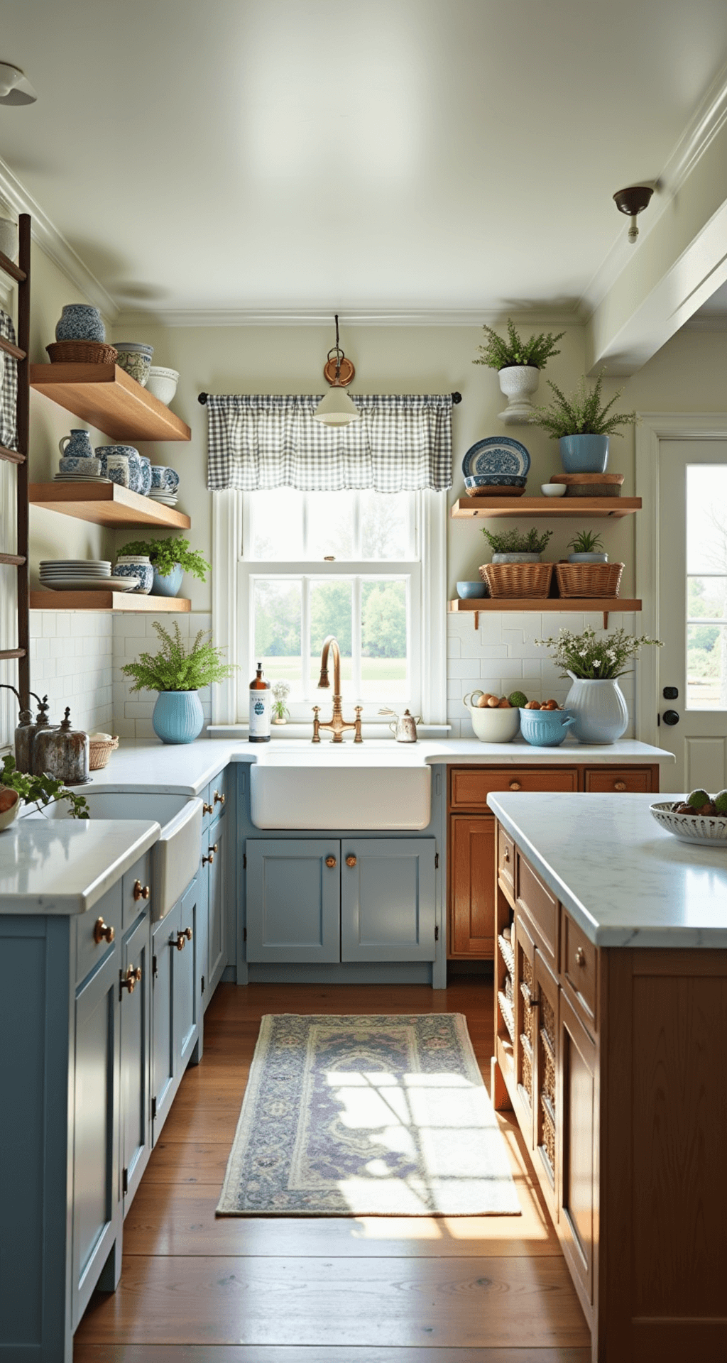 A bright and welcoming cottage kitchen featuring a farmhouse sink, open shelving with blue and white china, a vintage ladder as a pot rack, and a marble-topped island with wicker baskets, all under soft blue and warm wood tones, with gingham curtains framing garden views.