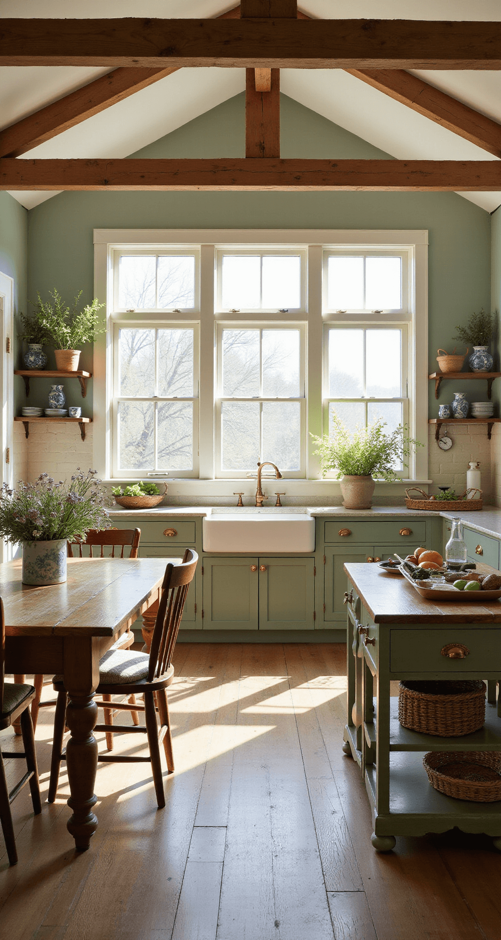 A cozy cottage kitchen with vaulted ceilings and sage green cabinets, featuring a farmhouse sink, antique table, mismatched chairs, and open shelving filled with blue and white china, basking in warm morning light.