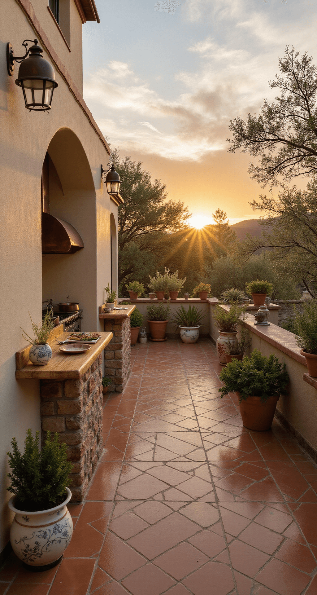 A warm, inviting Mediterranean terrace kitchen at sunset, featuring terracotta tiles, cream plastered walls, a built-in stone pizza oven with a copper hood, and olive wood cutting surfaces. Wrought iron accents and a herb garden in painted ceramic pots enhance the romantic ambiance, captured from a diagonal angle with golden hour lighting highlighting earthy tones.