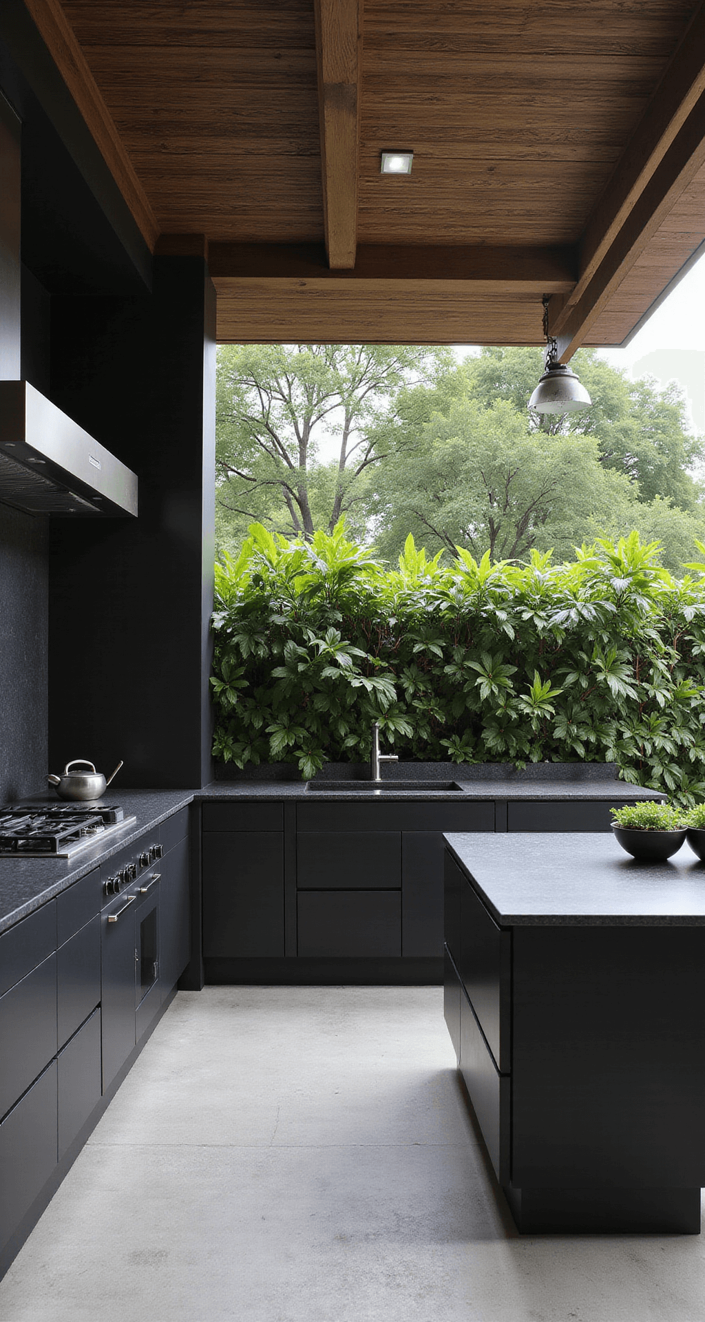 A contemporary Asian fusion kitchen featuring black bamboo cabinetry, smooth granite surfaces, and a teppanyaki grill station. The space includes minimalist paper lantern lighting, a living wall of tropical plants, and clean lines, illuminated by natural light filtering through a pergola.