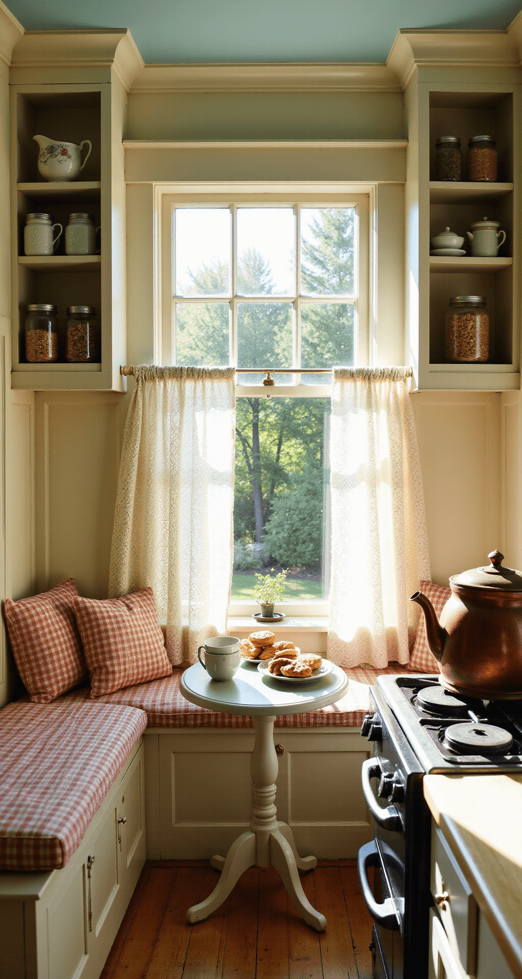 A cozy cottage kitchen nook with cream-colored walls and a powder blue ceiling, featuring a built-in window seat with gingham cushions, open shelving displaying vintage teacups, and a small round table holding a ceramic teapot and scones, all bathed in golden afternoon light with lace curtains filtering the sunlight.