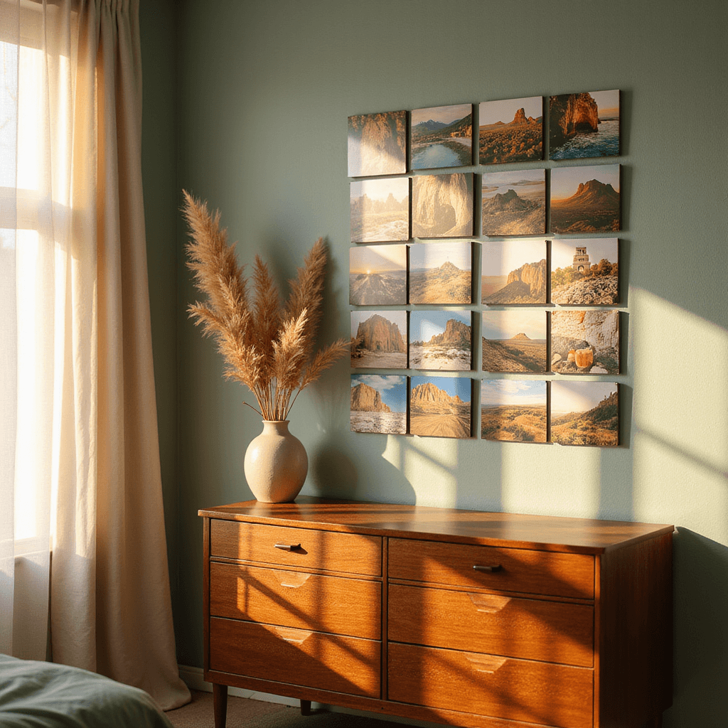 A cozy 12x14ft bedroom with golden hour sunlight illuminating a 36-print mosaic-style picture wall above a walnut dresser, showcasing vibrant travel and personal memories on a sage green wall, accented by a ceramic vase of dried pampas grass.