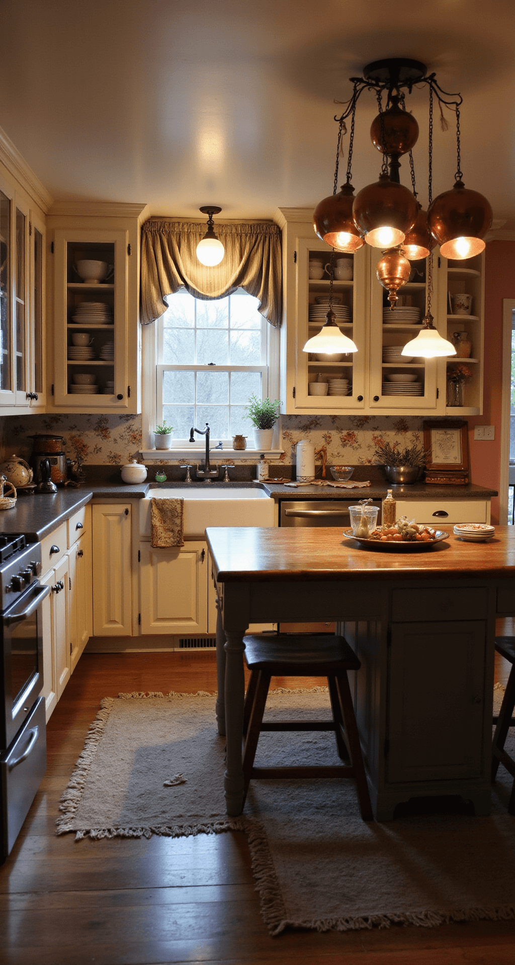A cozy cottage kitchen at twilight, featuring cream-colored cabinets with glass fronts, a large farmhouse table set with mismatched china, dusty rose walls, vintage floral wallpaper, an apron-front sink beneath a window with striped linen curtains, hanging copper pots, a rag rug on wide plank floors, all illuminated by soft lamplight.