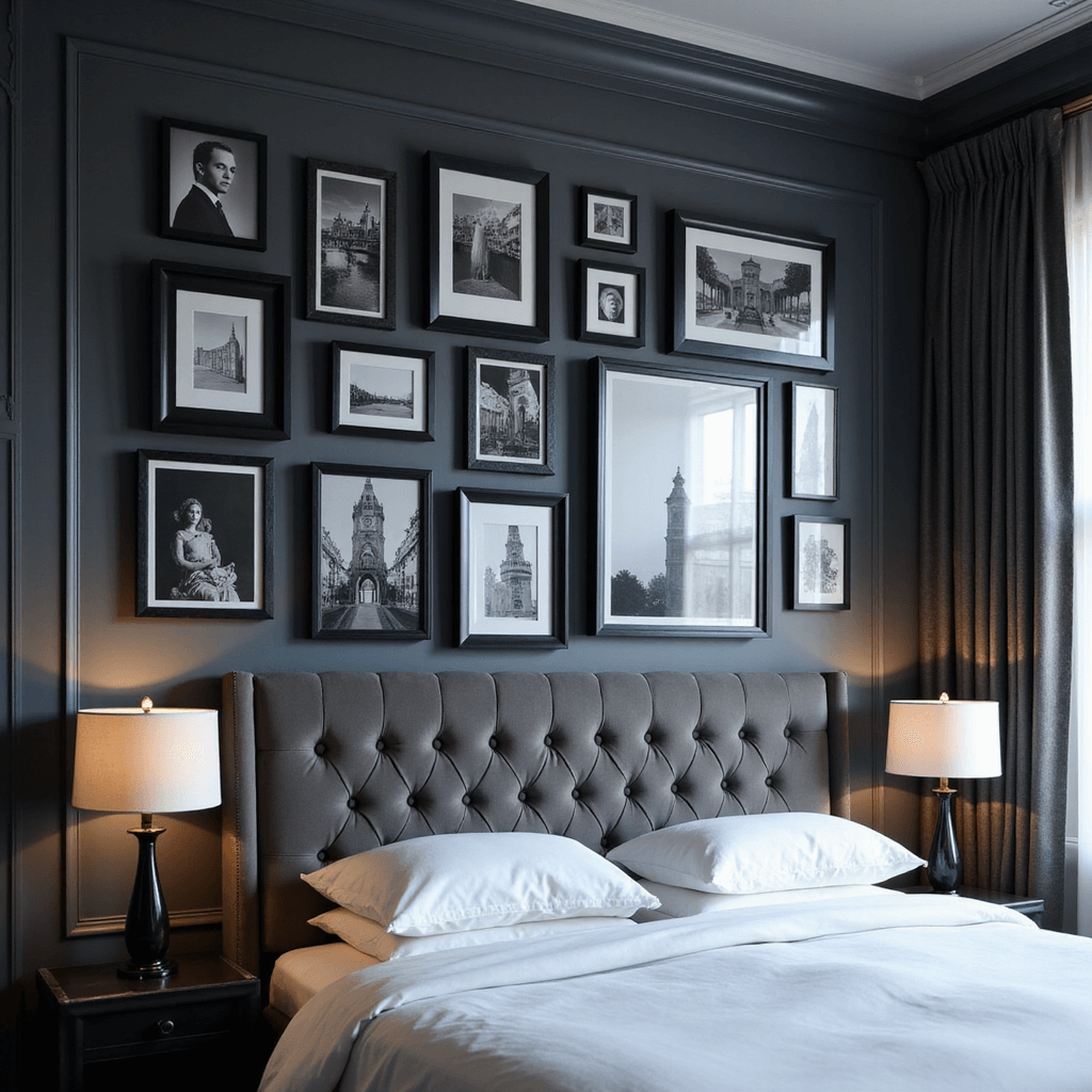 An elegant master bedroom with 10ft ceilings and crown molding, featuring a sophisticated black and white gallery wall above a tufted grey velvet headboard. The gallery displays 15 high-contrast monochrome portraits and architectural photographs in sleek black frames. Soft lighting from bedside sconces reflects gently on the glass frames against a charcoal wall, with crisp white bedding adding contrast in the foreground. The photo is shot from a low angle at 24mm, emphasizing the room's height and grandeur.