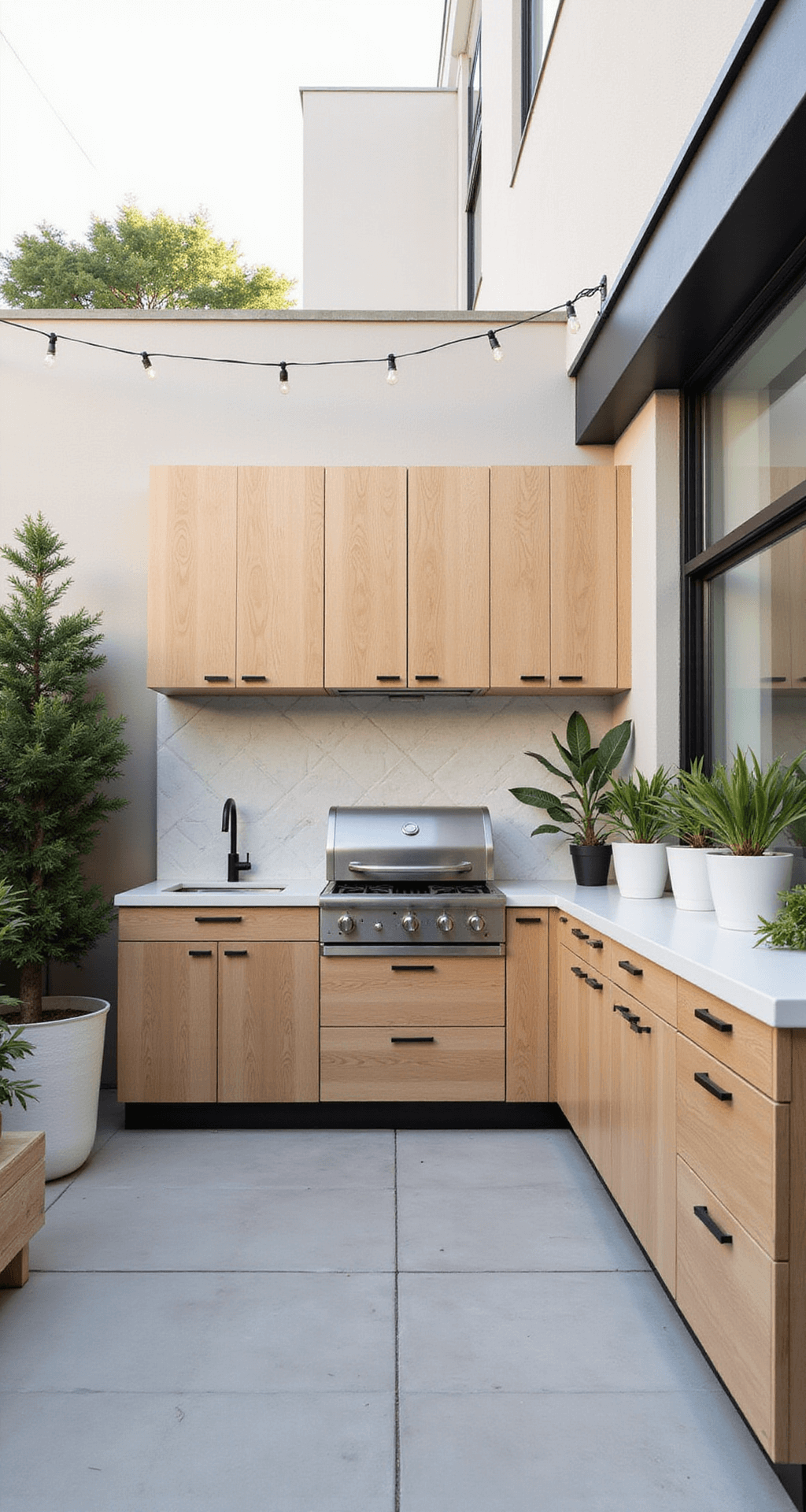 Scandinavian modern courtyard kitchen featuring blonde wood cabinets with matte black hardware, white concrete counters, and a geometric tile backsplash, complemented by a compact gas grill and string lights, all styled minimally with white ceramic planters in soft morning light.