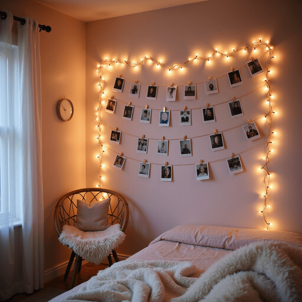 A cozy teen bedroom corner at dusk, featuring copper wire fairy lights zigzagging across a blush pink accent wall adorned with polaroid-style photos and small artwork, with a macramé hanging chair and a fuzzy cream throw.
