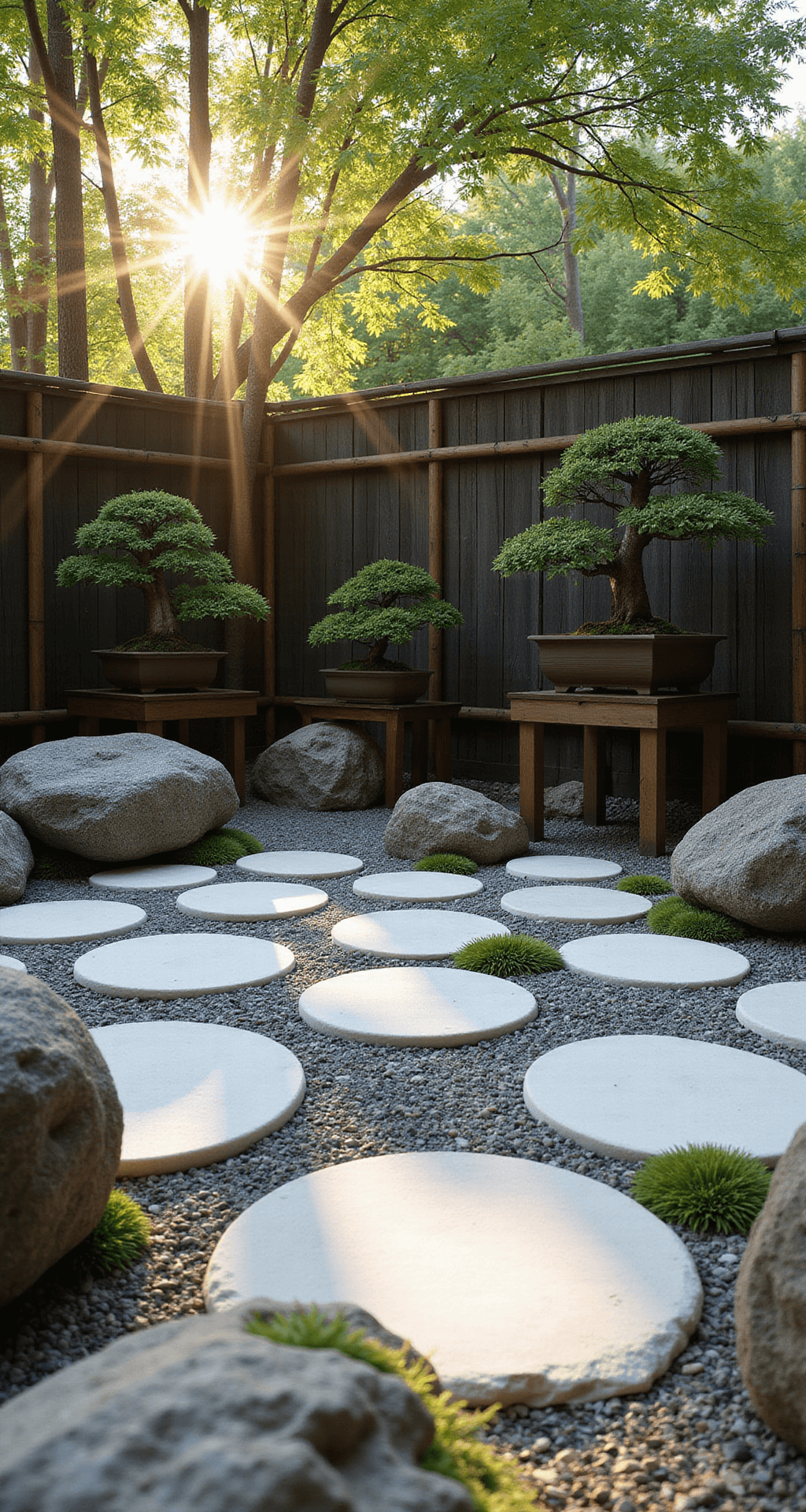 A serene Zen garden sanctuary featuring smooth white marble stones in circular patterns, granite boulders, dark bamboo fencing, pruned bonsai trees on wooden platforms, and patches of emerald moss, all illuminated by golden hour sunlight casting delicate shadows.