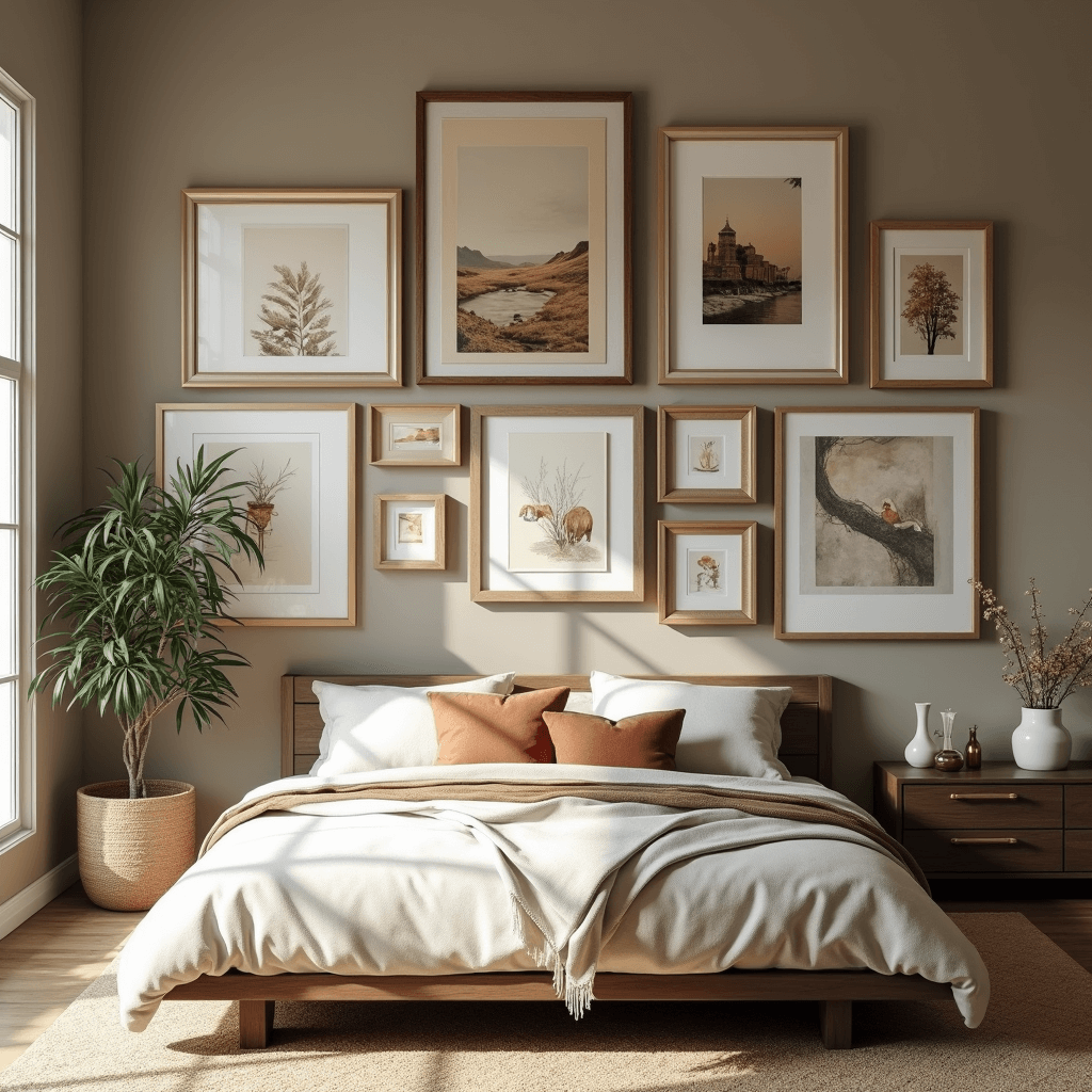 A contemporary primary bedroom with a statement gallery wall featuring a mix of artistic prints and personal photographs in gold, copper, and natural wood frames. The wall is painted warm greige, providing a neutral backdrop for the asymmetrical composition above a modern platform bed, with morning light casting shadows from floor-to-ceiling windows. Floating shelves and hanging plants add to the eclectic styling.
