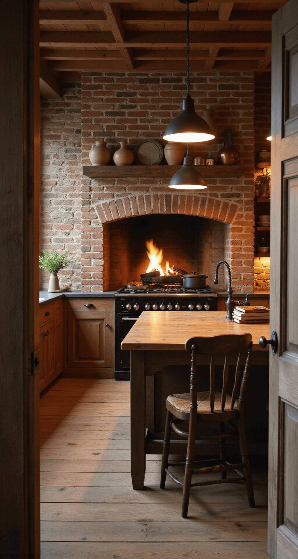 A cozy rustic cottage kitchen illuminated by warm light from iron pendant fixtures, featuring exposed brick walls, reclaimed wood cabinets, a large stone fireplace with a simmering pot, a butcher block island with a vintage faucet, open shelving with earthenware, a ladder-back chair with cookbooks, and hanging copper and cast iron cookware, viewed from the doorway.