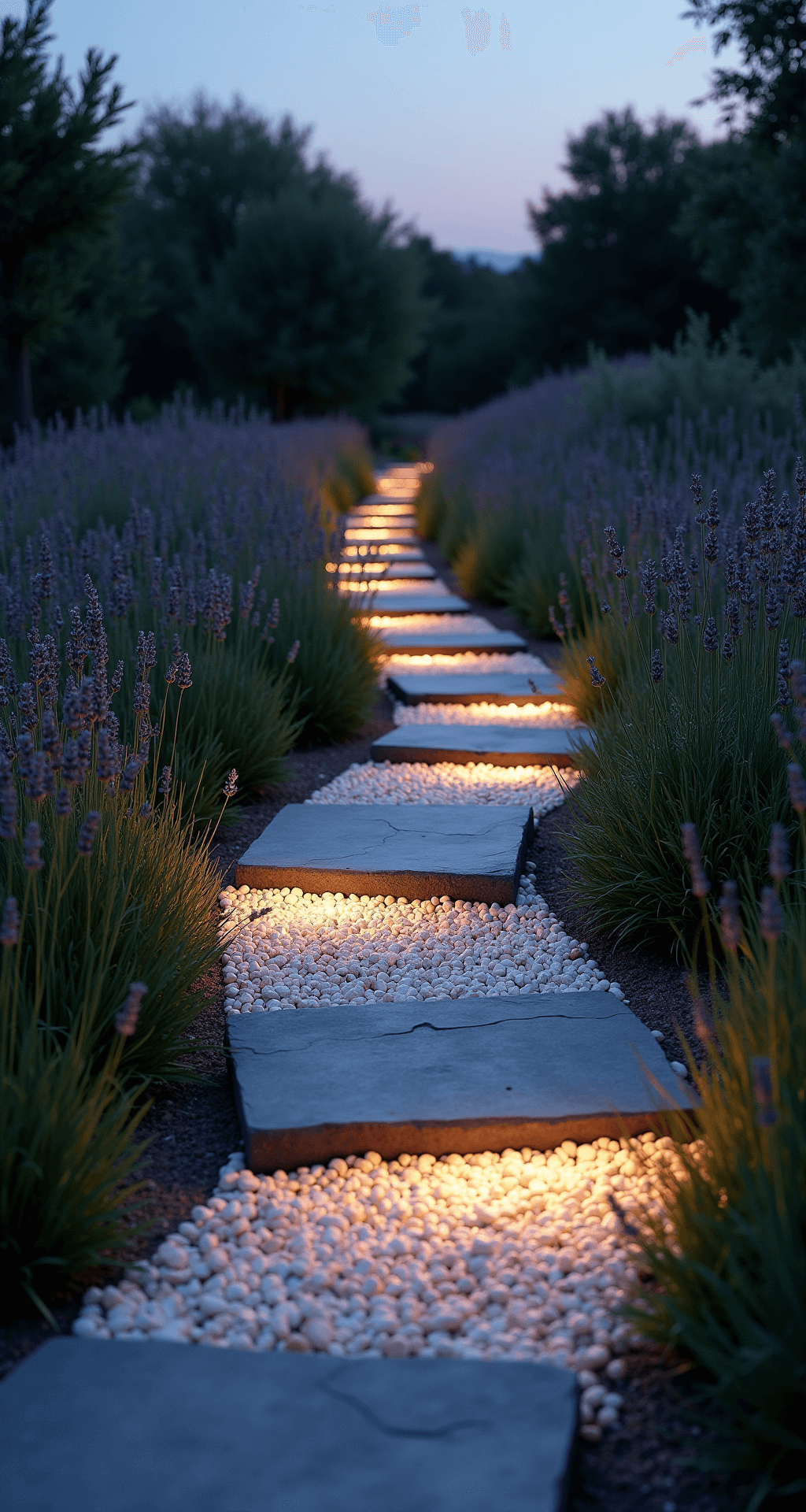 Wide-angle view of a winding garden pathway at twilight, featuring white quartz pebbles and large slate stones, bordered by native grasses and lavender, with warm lighting enhancing the scene.
