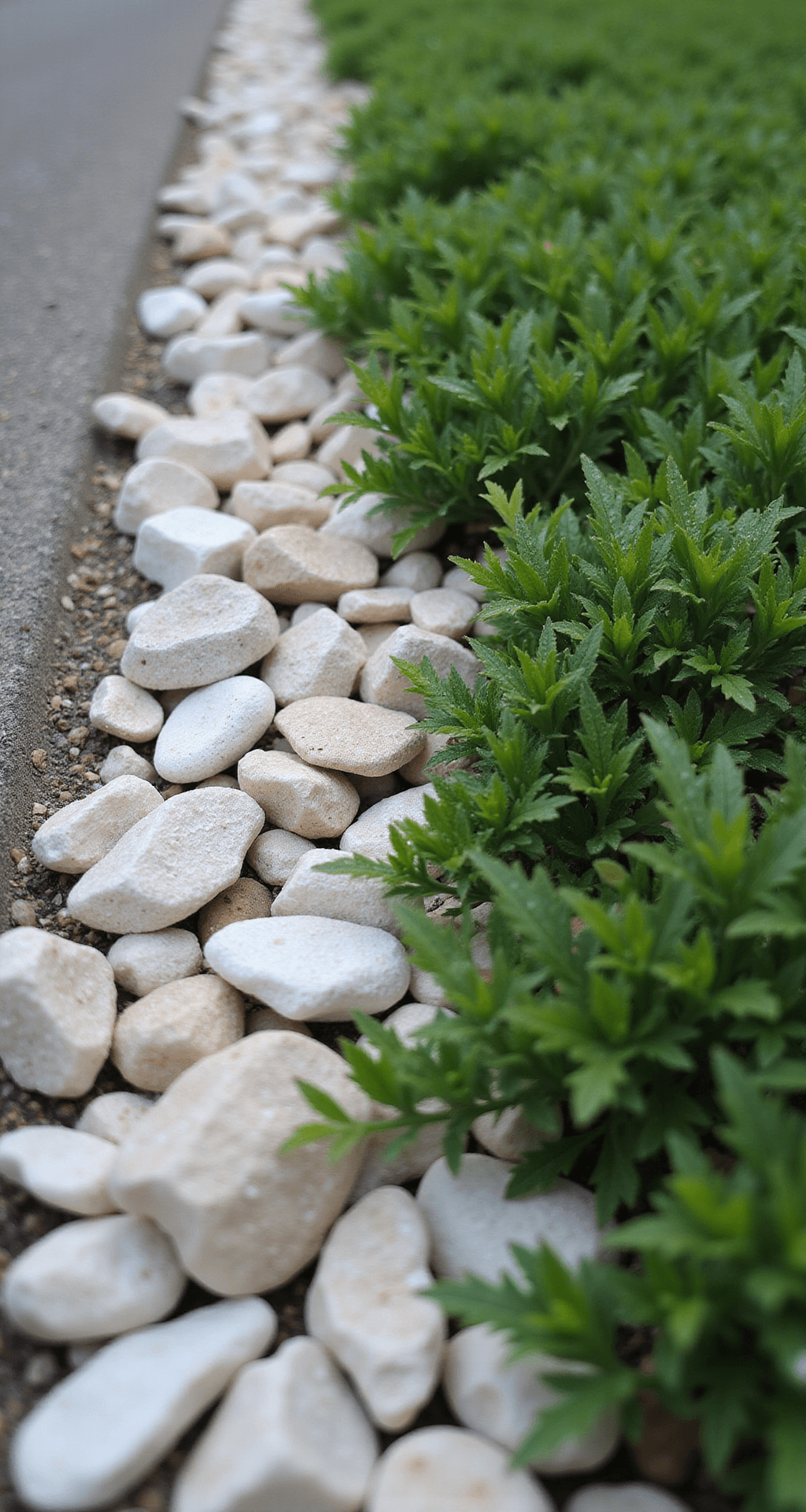 Close-up of a garden border featuring white limestone chips and deep green groundcover, with morning dew glistening on the stones and foliage, and smooth river rocks accentuating the edge, captured at a 45-degree angle with a macro lens.