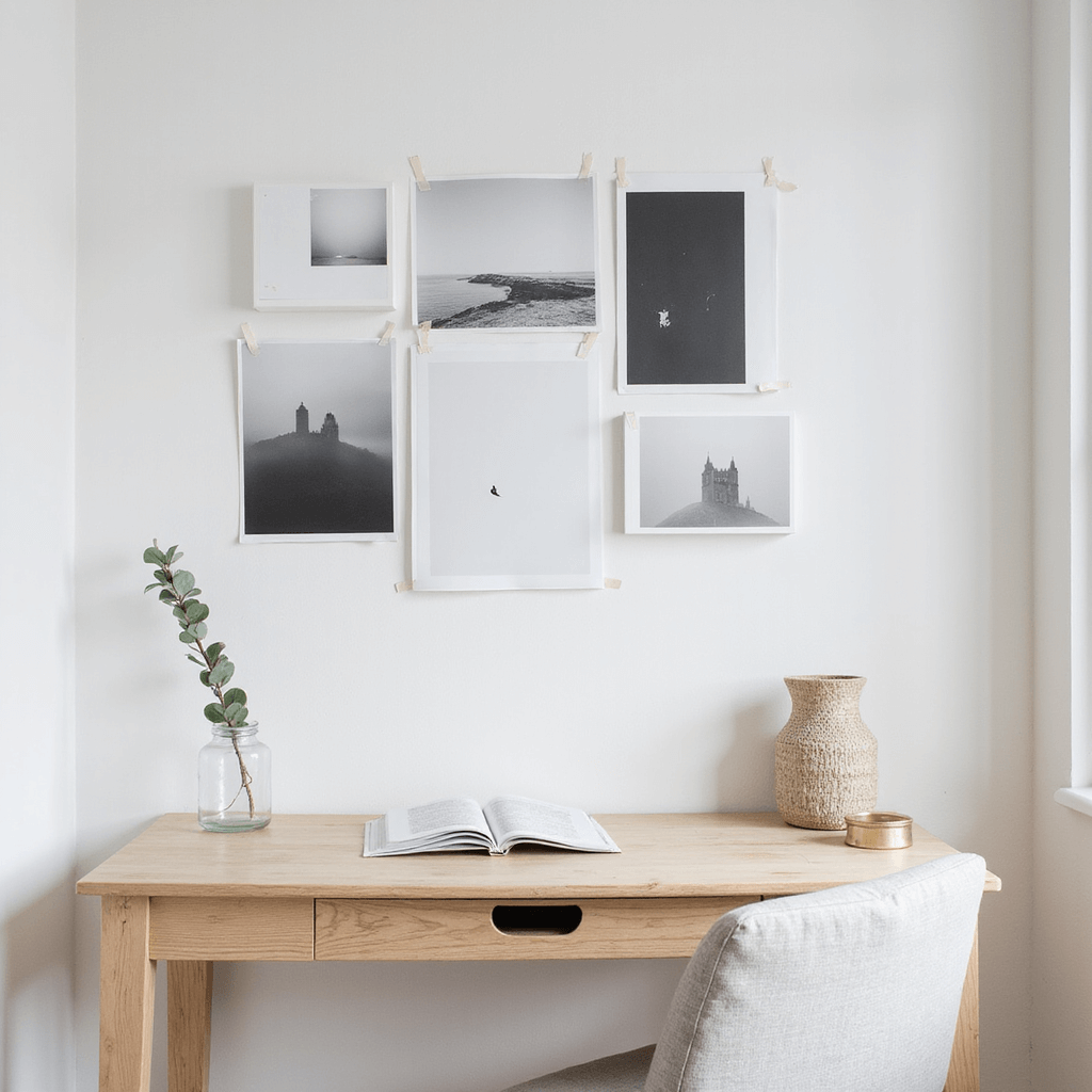 A minimalist Scandinavian-style bedroom featuring 9ft ceilings, bright natural daylight, a geometric black and white photo display secured with washi tape above a simple pine desk, a single eucalyptus stem in a clear glass vase, and neutral-toned desk accessories.