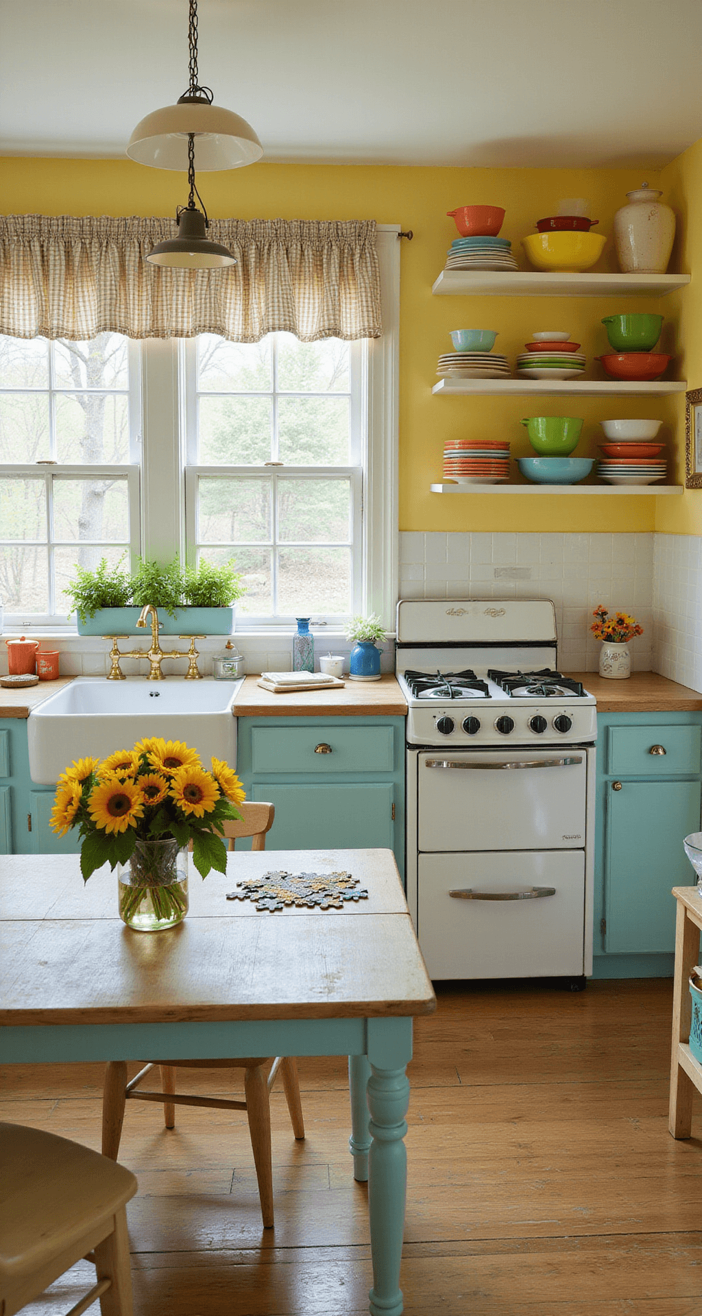 A whimsical cottage kitchen with pale yellow walls and cornflower blue cabinets, featuring a vintage enamel stove, open shelving with colorful Pyrex and jadeite dishes, a farmhouse sink by a window box of herbs, gingham curtains, a painted wooden table with sunflowers and a jigsaw puzzle, all illuminated by bright, even lighting.