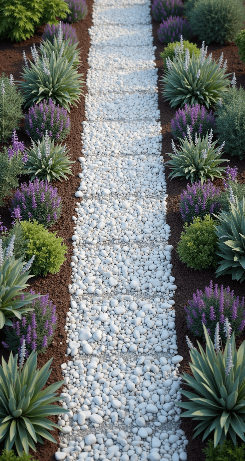 Overhead view of a geometric flower bed with white marble mulch, purple salvia, and silver-leafed plants, illuminated by early morning light.