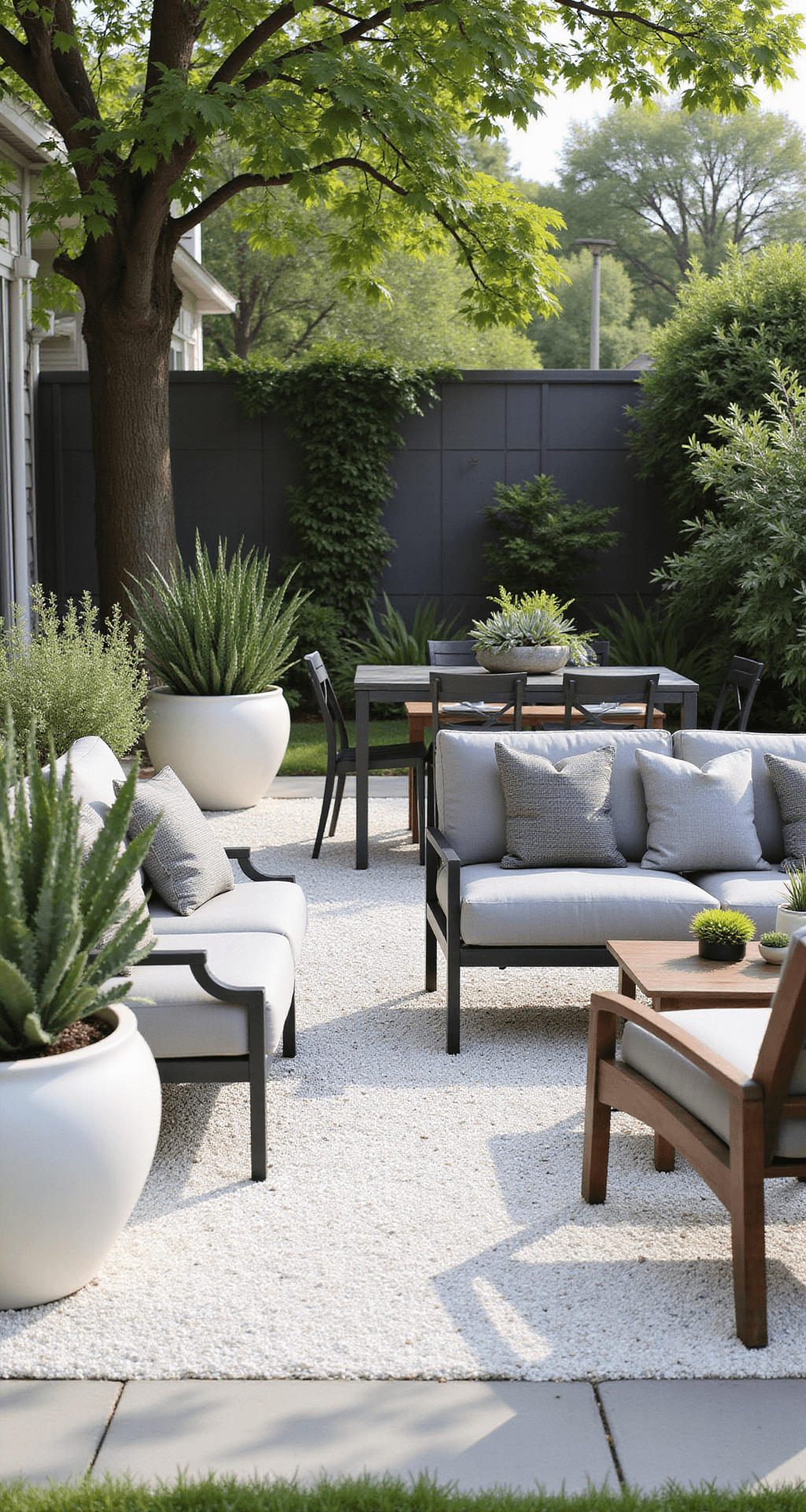 Modern 20x20ft patio bathed in natural light, featuring white crushed granite flooring, charcoal metal furniture with gray cushions, oversized white ceramic planters with architectural succulents, and warm teak accent tables.