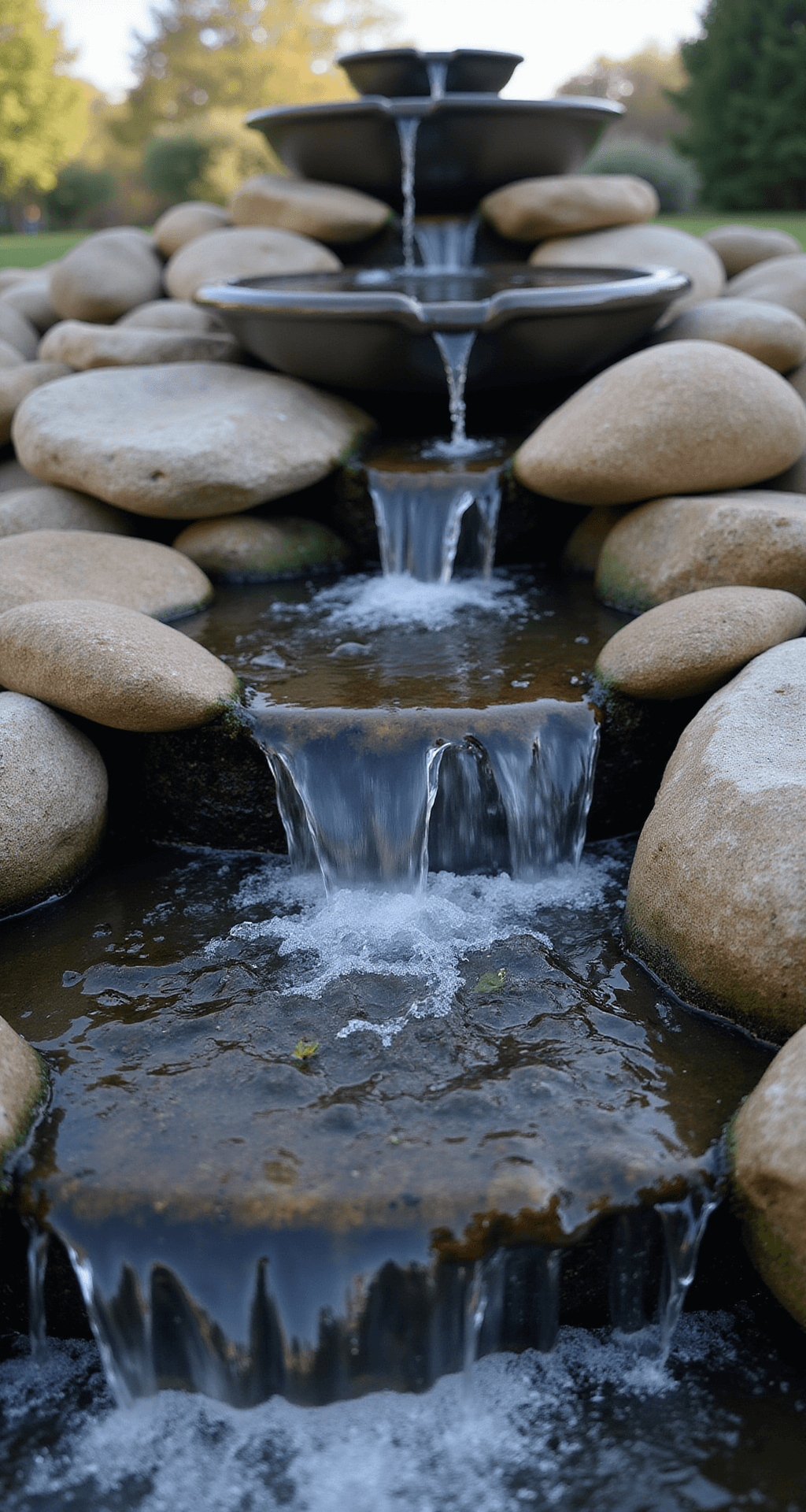 A three-tiered water feature with polished white river rocks creating cascading streams between dark granite bowls, illuminated by late afternoon light that highlights falling water droplets and reflects the sky on smooth stones, captured with selective focus to freeze water motion.