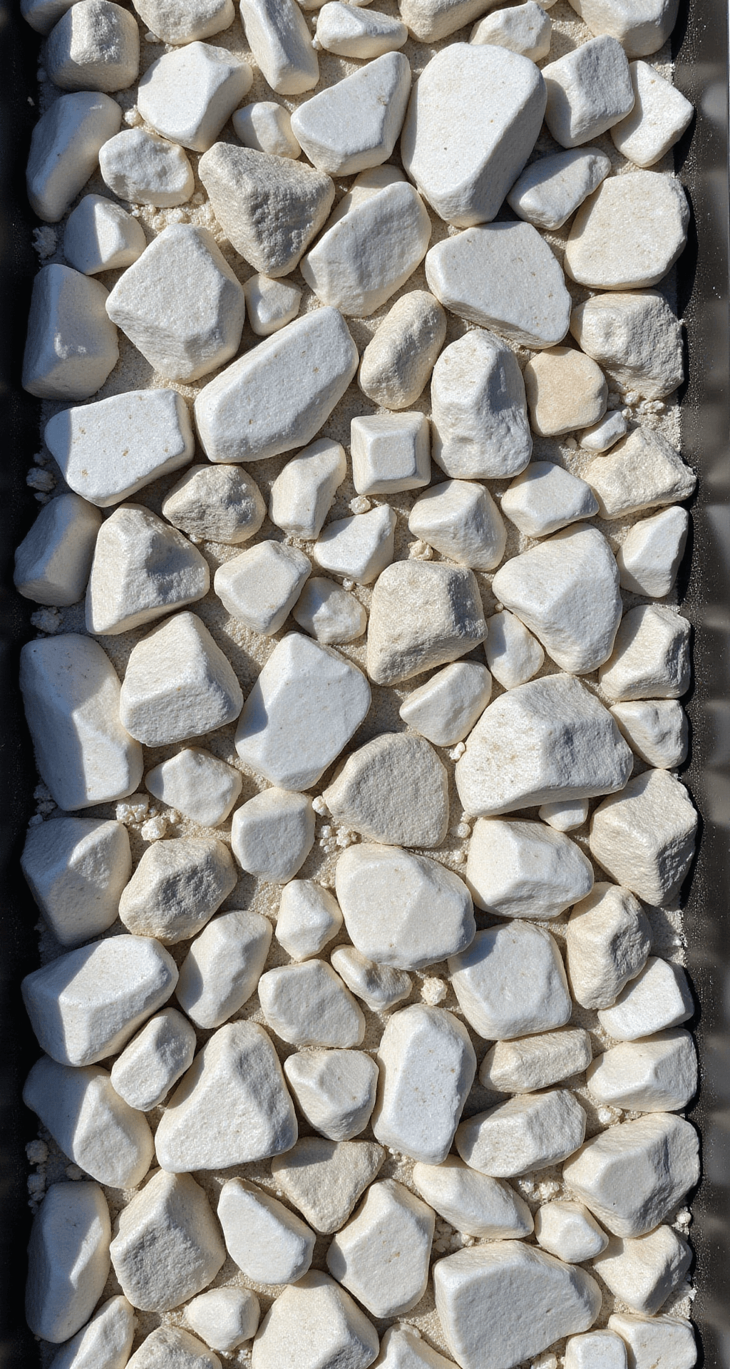 A detailed overhead view of mixed white stone textures, including tumbled marble, smooth pebbles, and angular chips, framed by dark metal edging, with strategic shadows enhancing depth and texture.