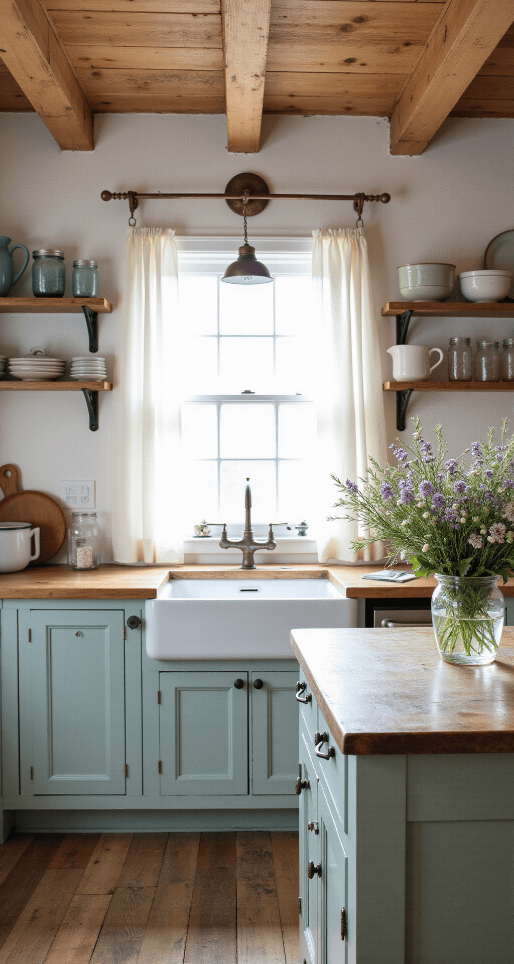A sunlit country cottage kitchen featuring exposed wooden beams, a creamy farmhouse sink under a window, a weathered wooden island with wildflowers, open shelving with vintage dishes, and a copper pot rack, all in soft whites, pale blue, and sage green.