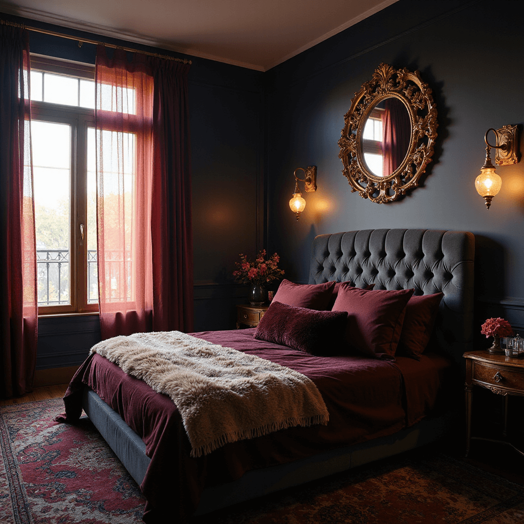 A luxurious master bedroom with deep navy walls and a tufted velvet headboard, featuring a king-sized bed layered in jewel-toned silk bedding and throws, illuminated by warm golden light filtering through sheer burgundy curtains and vintage brass sconces.