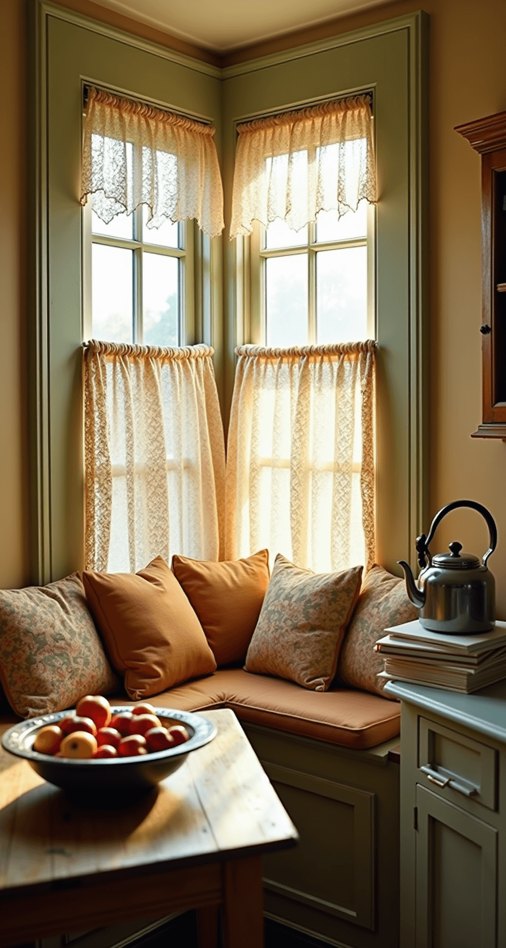 An intimate corner of a cottage kitchen at golden hour, featuring a bay window with a built-in seat, warm amber light filtering through lace curtains, a distressed wooden table with a ceramic bowl of apples and cookbooks, and soft linen cushions in muted florals.